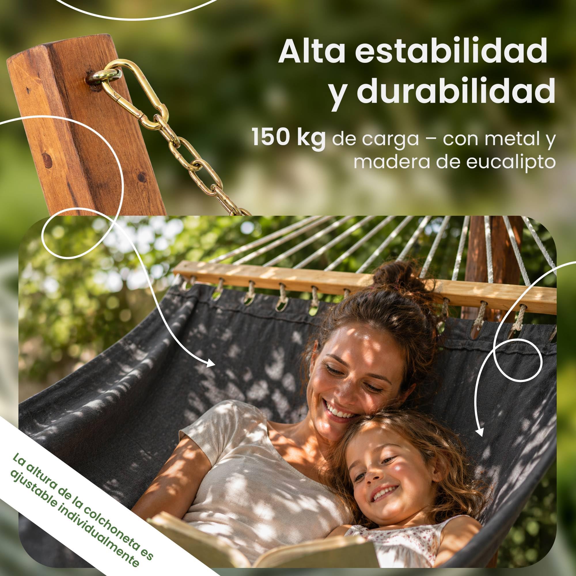 CLP Hamaca Miramar autoportante con Soporte de Madera de eucalipto, Estructura hasta 150 kg, Ideal para Jardin, terraza y Balcon, Color:Gris