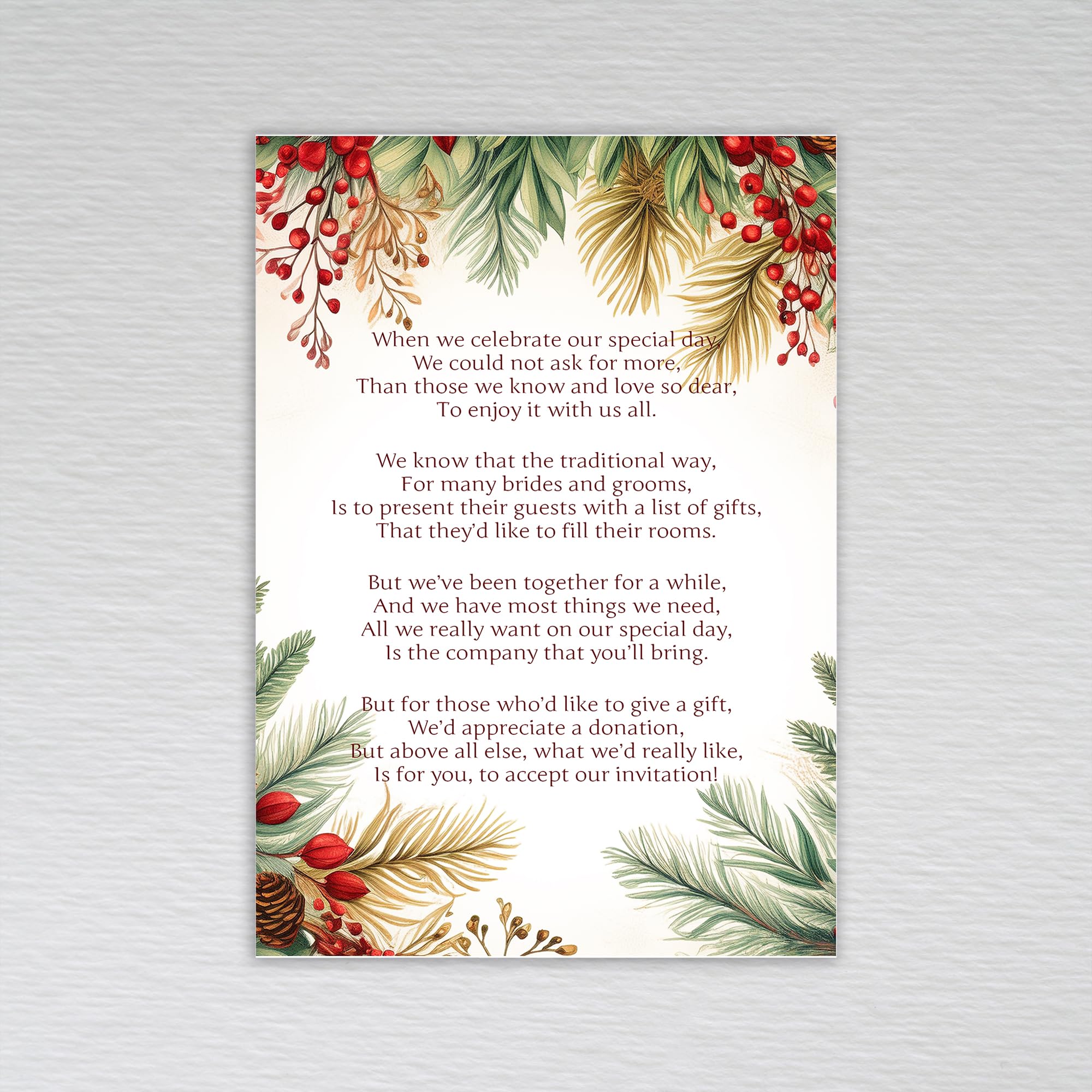 Red Berry Christmas Wedding Money Poem/Cash Gift Request Poem Cards: Red Berry Winter Wedding Poem (Pack of 50 without Envelopes)
