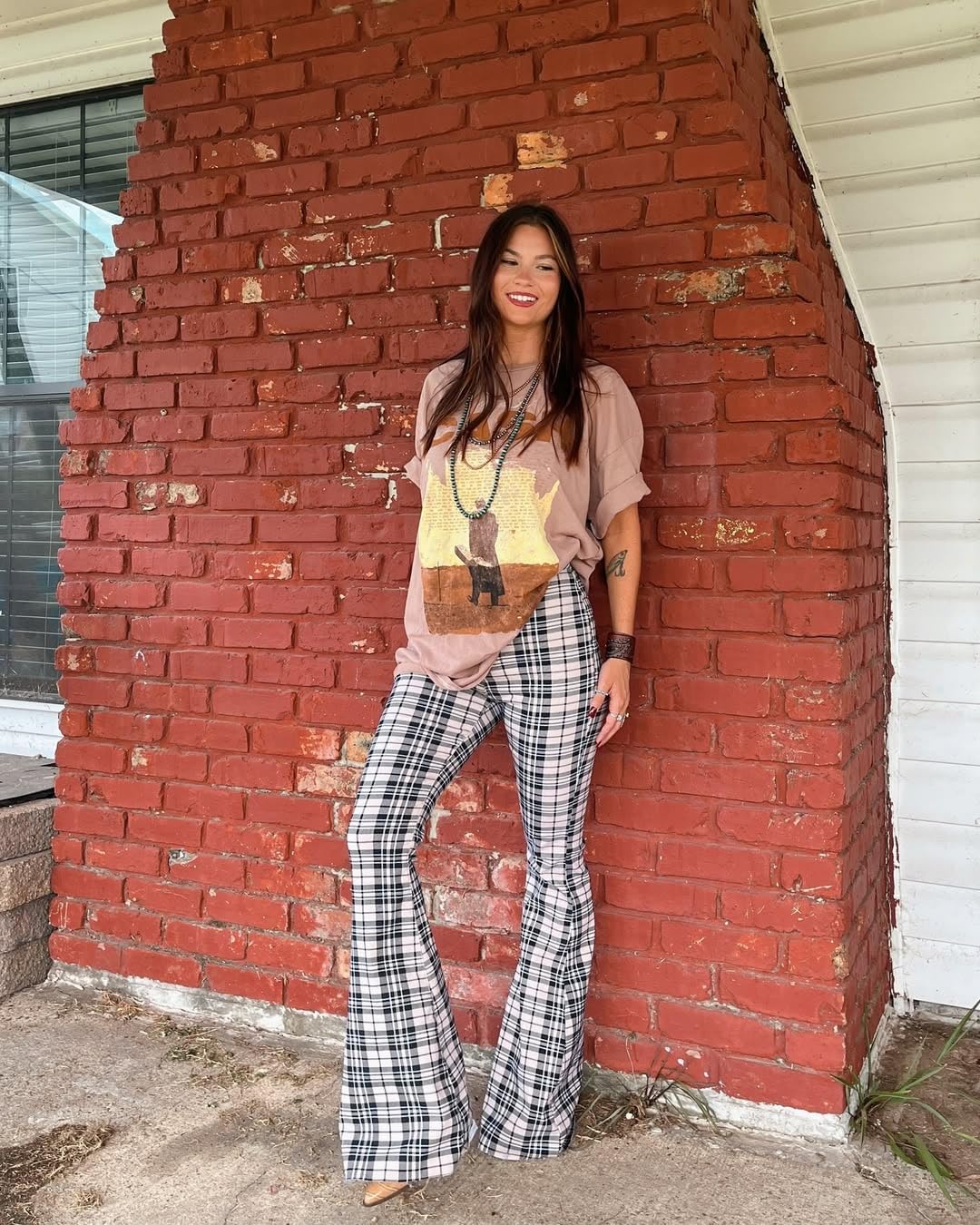 Willow Boutique Gretchen High Waisted Plaid Flare Jeans – Bell Bottom Fall Jeans for Women | Trendy Wide Leg Fit, Outseam 44"