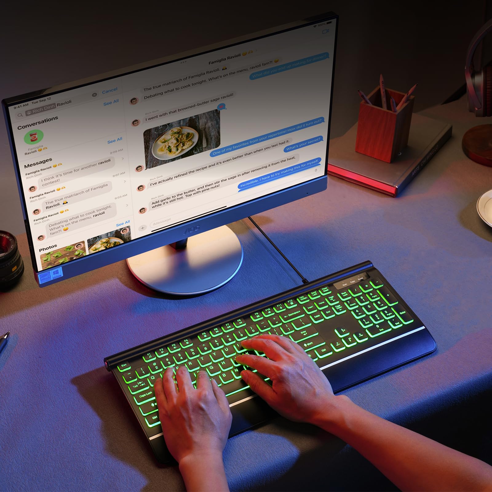 Computer-Tastaturen mit Hintergrundbeleuchtung, kabelgebundene beleuchtete Tastaturen mit 7-farbiger Hintergrundbeleuchtung, Handgelenkauflage, beleuchtete Tastatur, leicht zu sehen und zu