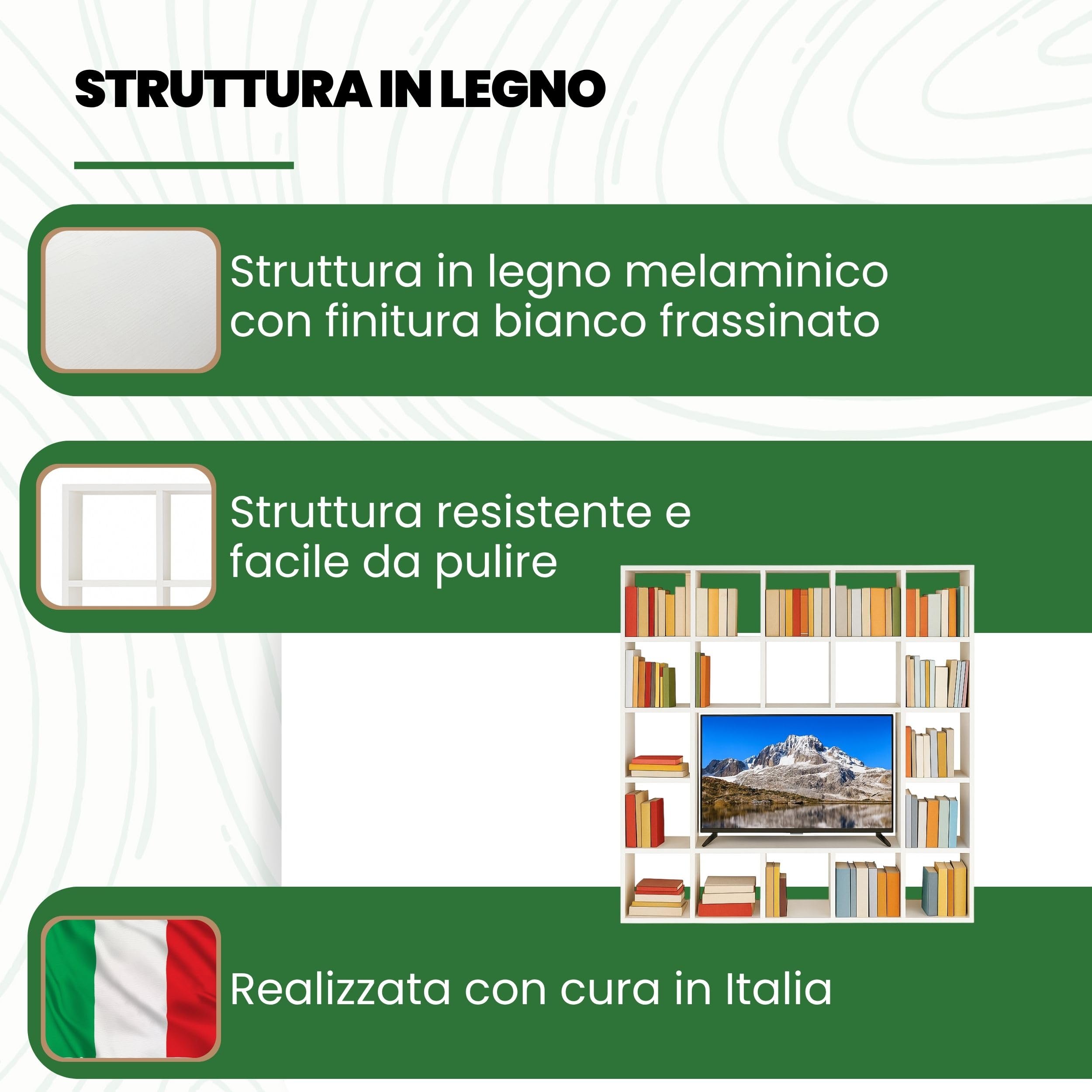 Mar.c.a. Design - Libreria con Porta TV in Legno LPH 218x218x30 cm - Mobile Libreria Da Parete con 19 Scomparti - Vano TV 126x83 cm - Cubi Interni 40x40 cm - Made in Italy