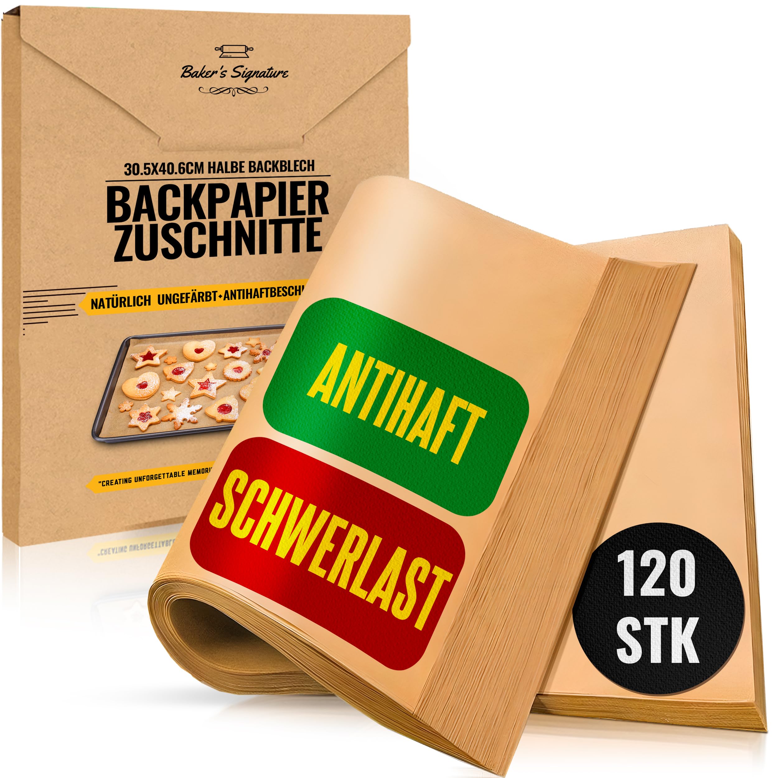 Backpapier Zuschnitte, 120 Stück Pergamentpapier zum Backen - Halbblechpfannen 30x41 cm | Butterbrotpapier Braun für Backen, Kochen & Braten - Einfache Anwendung & Reinigung von Baker's Signature