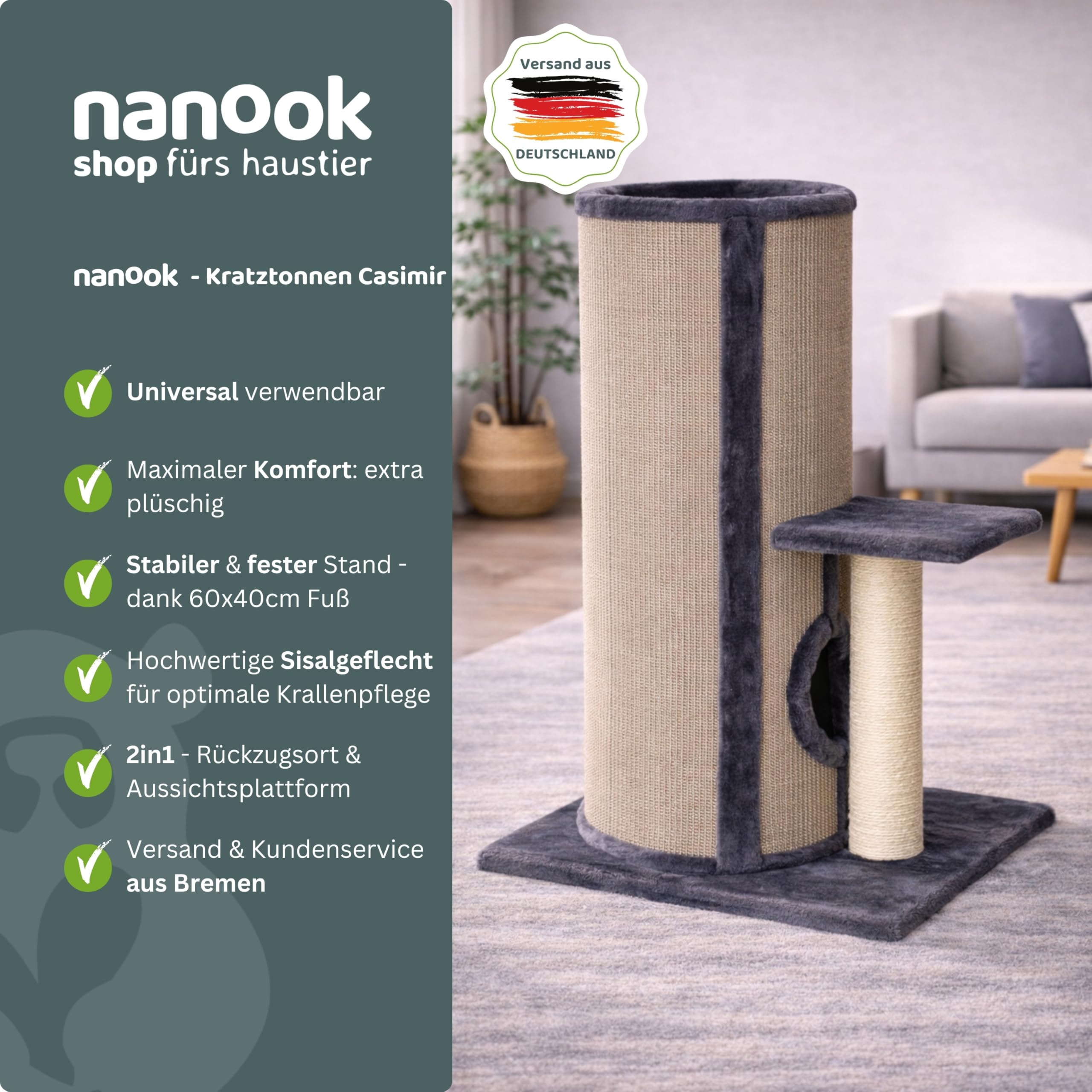 nanook Casimir - Kratztonne XL, 3 Etagen, seitlicher Sitzplatz mit Sisalstamm - Höhe: 102 cm - Farbe: grau