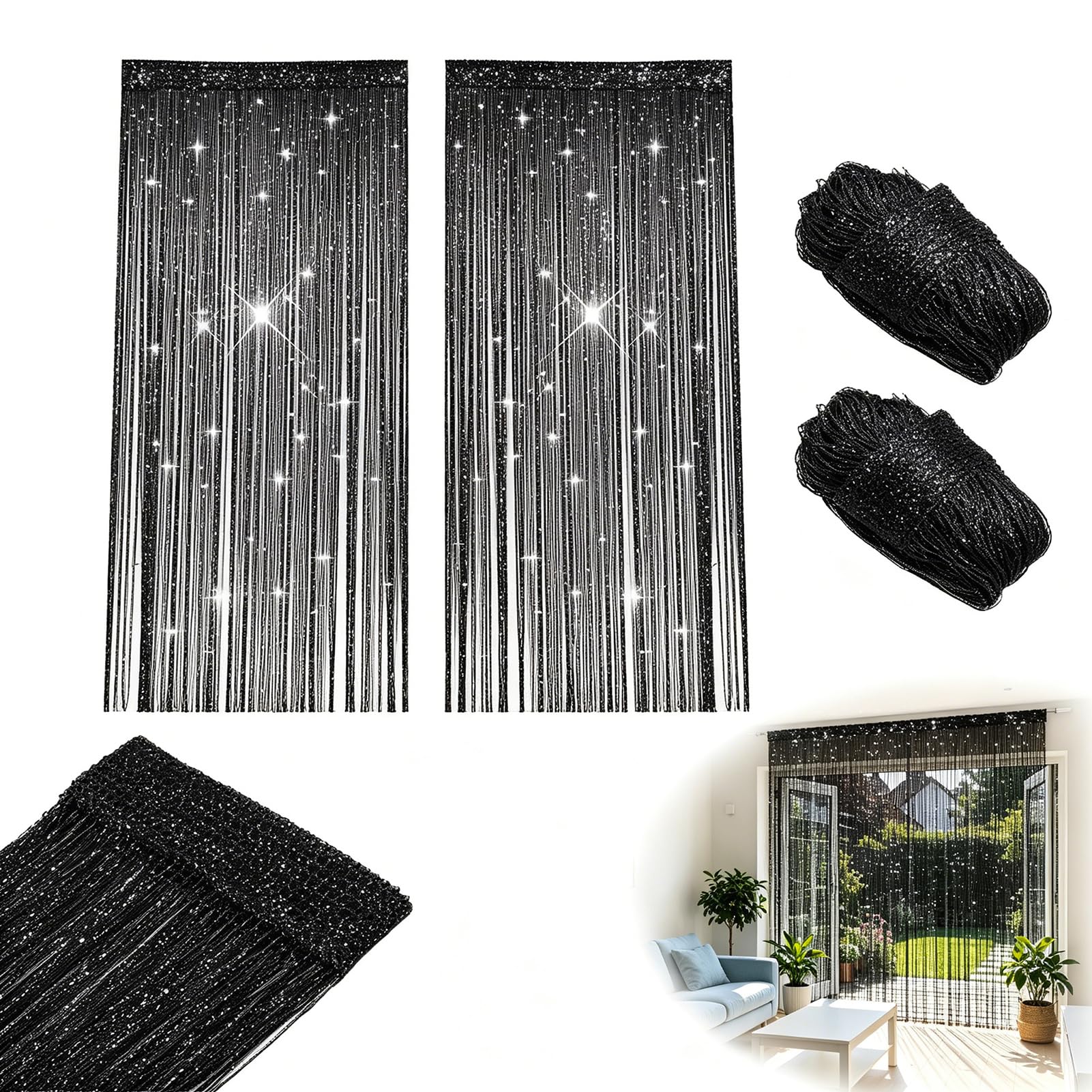 Crafthaven 2 Pack String Door Curtains, 100 x 200cm String Curtain Panel Glitter String Doorways Divider Door Screens for Living Room Bedroom Party Decorations (4, Black)