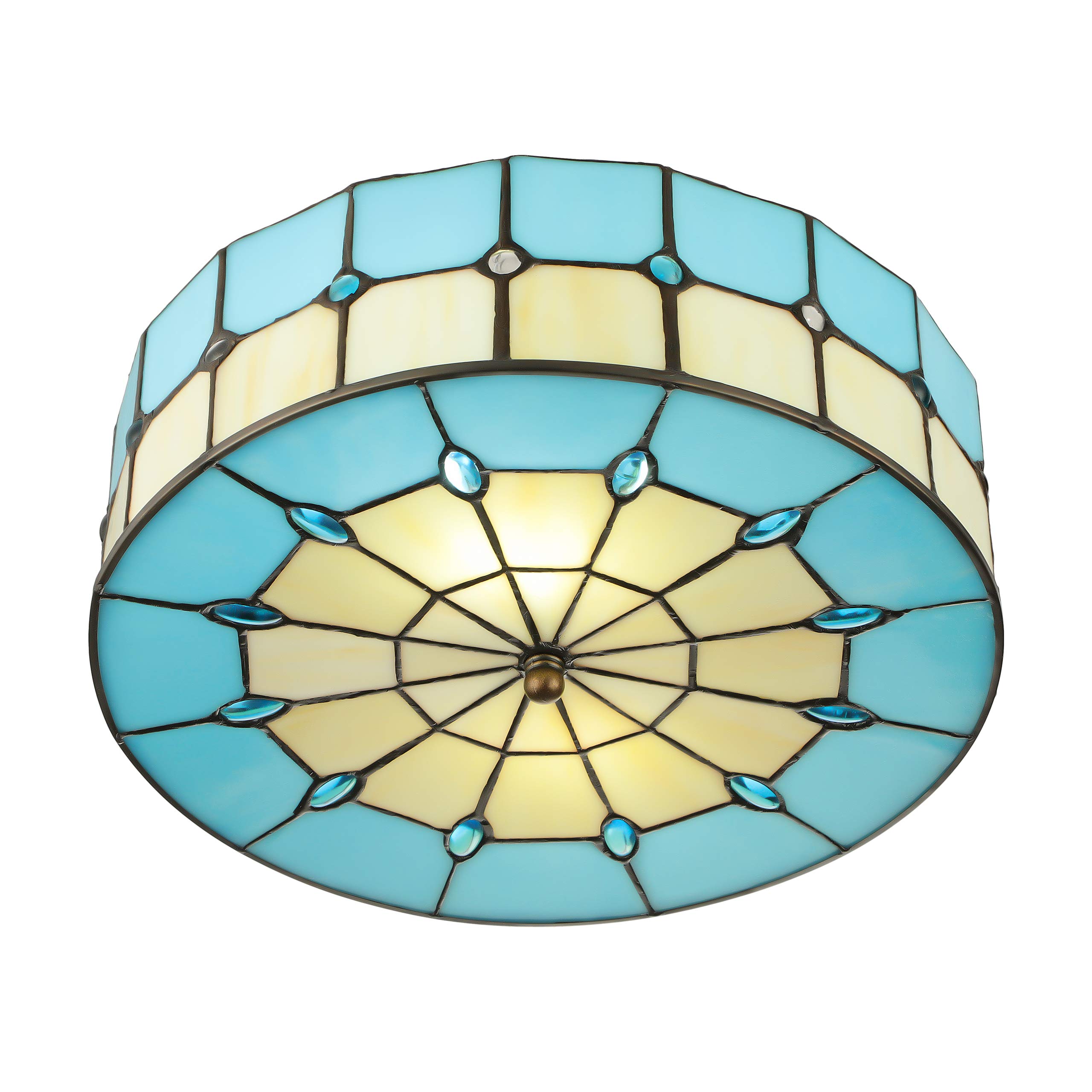 KWOKING Lighting Vintage Hand-Made Tiffany Ceiling Light Colorful and Creative Flush Mount Ceiling Light Indoor Hanging Lamp for Bedroom, Living Room, Hotel, Kitchen Blue Finish 11.8inch