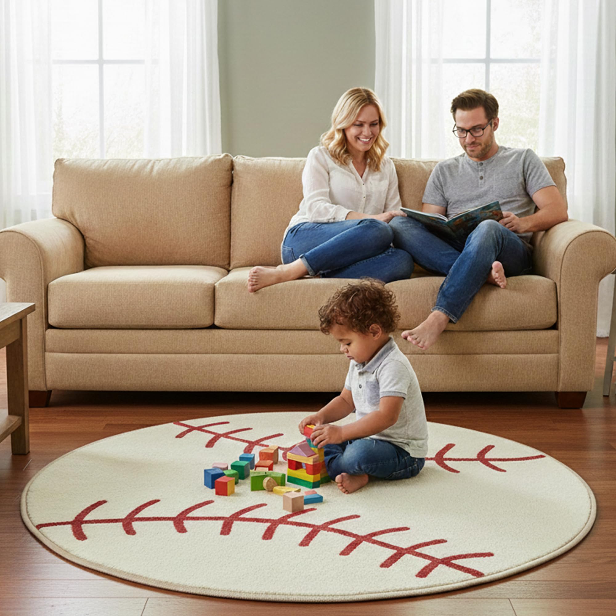 Furnish My Place 730 Baseball 3'3" Round Baseball Rug for Kids Play Area, Anti Skid Rubber Backing, Nylon, Off White