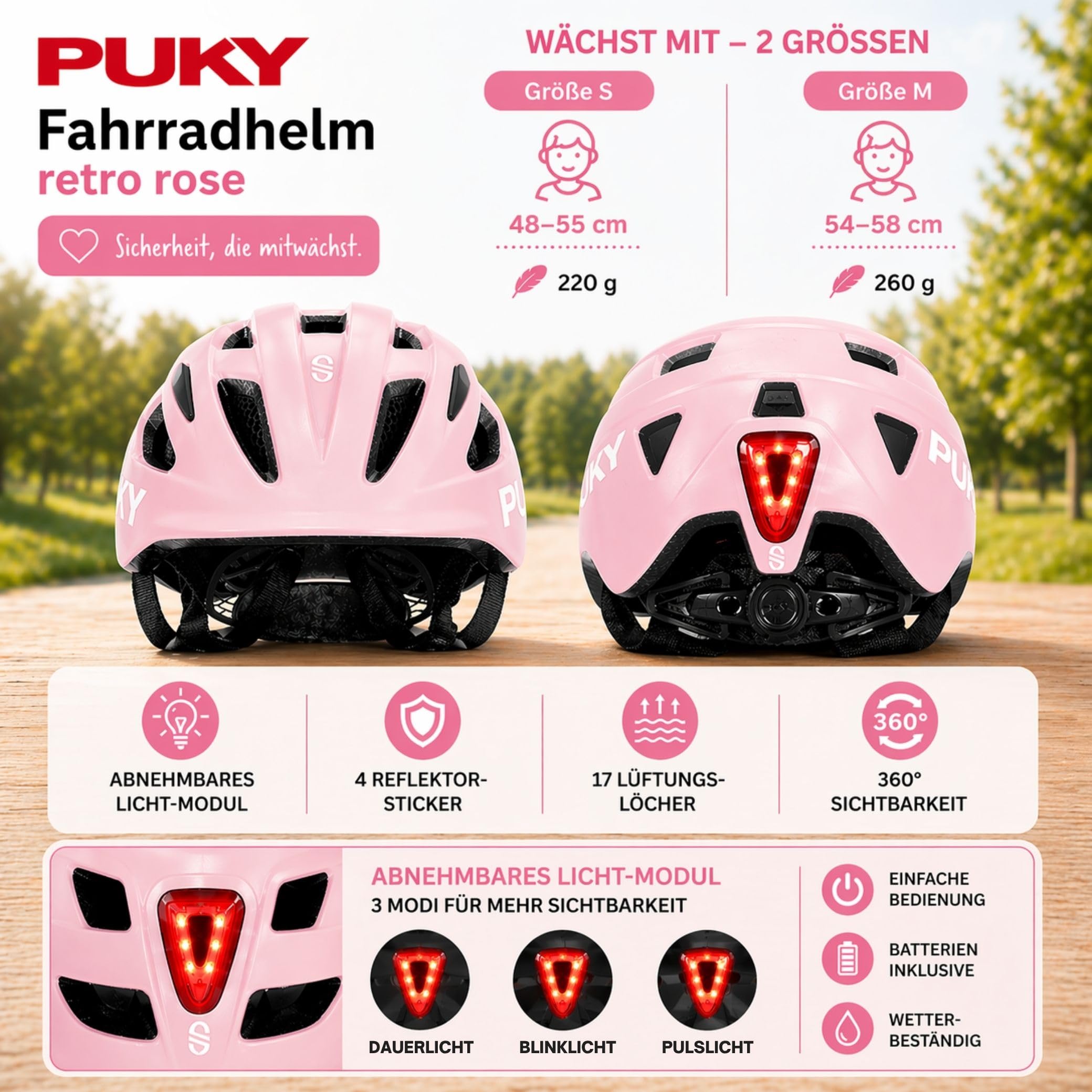 Set Puky Kinder Helm PH 8 PRO Rose & Tuch Blaubaer | Fahrradhelm Maximaler Schutz & Belüftung | Leichtgewicht | Sichtbarkeit durch Licht-Modul | Ideal für Sicherheit und Komfort auf dem Fahrrad