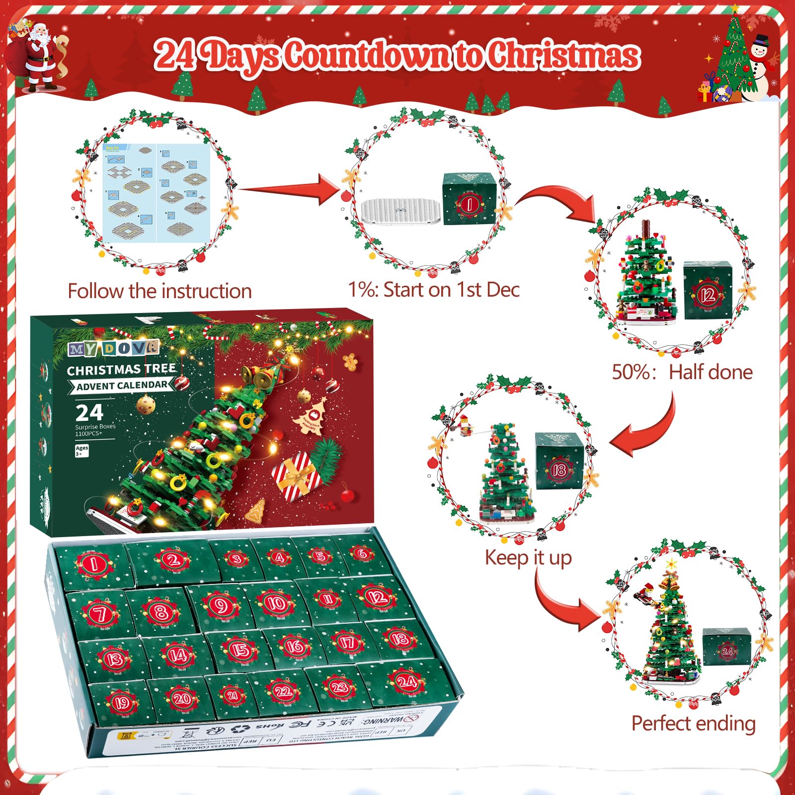 Adventskalender 2025 Kinder, Weihnachtsbaum Bauspielzeug mit LED Lichterkette, Weihnachtskalender 1100pcs+, Weihnachts Countdown Spielzeug, eine Box am Tag, Wohnzimmer Dekoration, Geschenk für Kinder