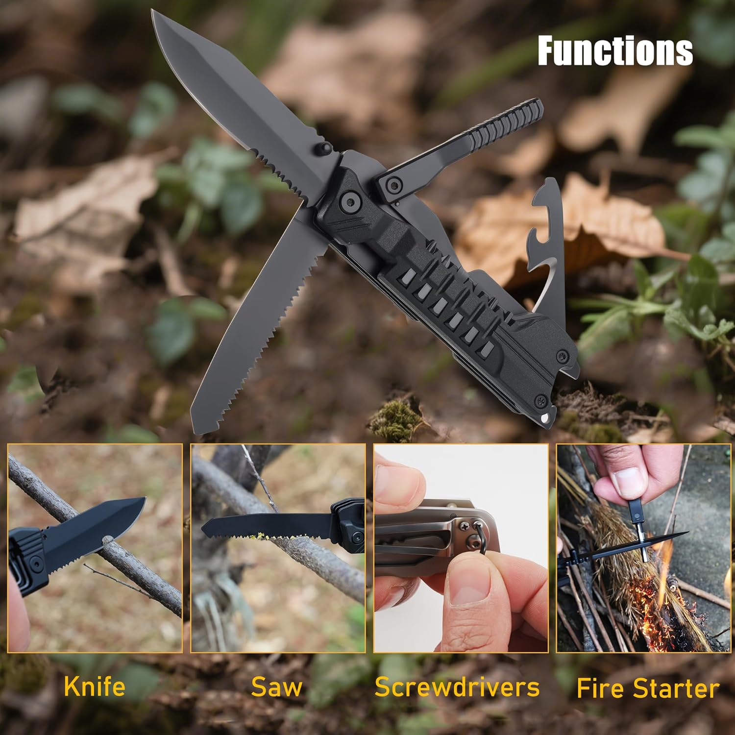 Leopcito Multitool Knife with Nylon Pouch, 22 in 1 EDC Multi Tools with Fire Starting Sticks, Bottle Opener, Whistle, Pocket Knife and Window Breaker, Perfect for Survival, Outdoor and Everyday Use