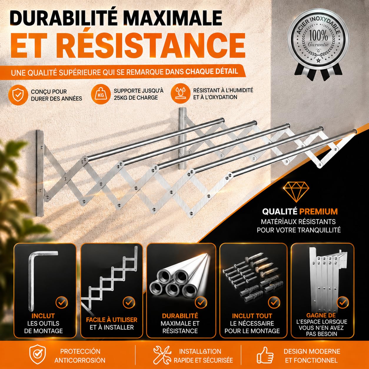 TEHORNEO Etendoir Mural 100 cm, Etendoir Mural Rabattable en Acier Inoxydable, Sechoir a Linge, Étendoir Pliable, Capacité de 25 kg, Compact, Intérieure et Extérieure