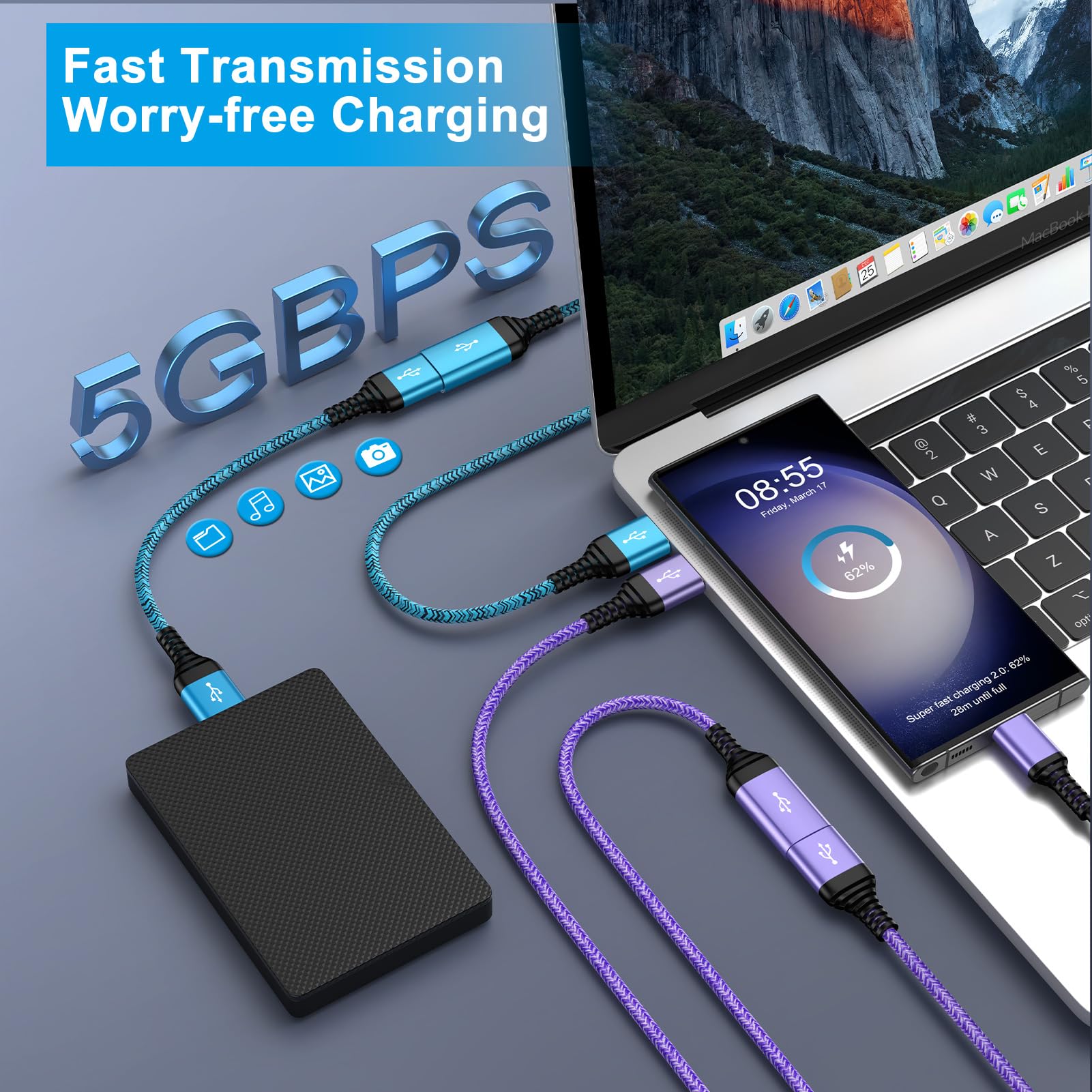 USB-Verlängerungskabel, 3 m, 2 Stück, USB 3.0-Verlängerungskabel, Typ A Stecker auf Buchse, USB-Extender, High-Speed-Datenübertragung, Verlängerungskabel für Tastatur, Maus, Playstation, Webcam