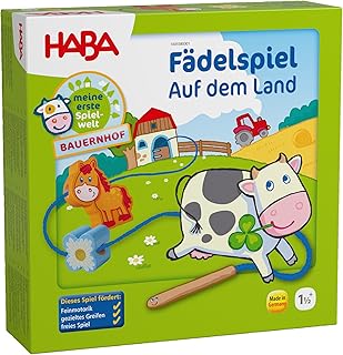 Haba 5580 - Meine erste Spielwelt Bauernhof Threading Game in the Country, Lovingly Designed Educational Game and Motor Skills Toy from 18 Months, Wooden Toy with Farm Motifs [German Version]