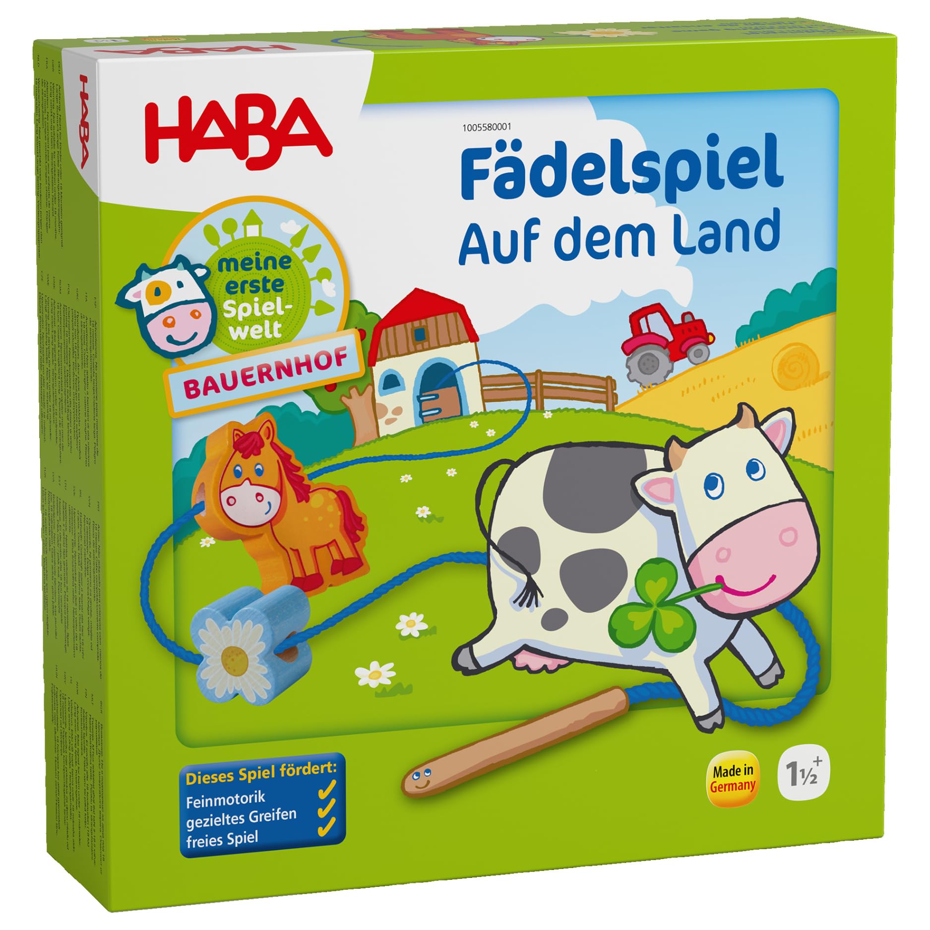 HABA Bauernhof Fädelspiel Auf dem Land – Lern- und Motorikspielzeug ab 18 Monaten – Holzspielzeug mit Bauernhofmotiven für Kleinkinder – 1005580001