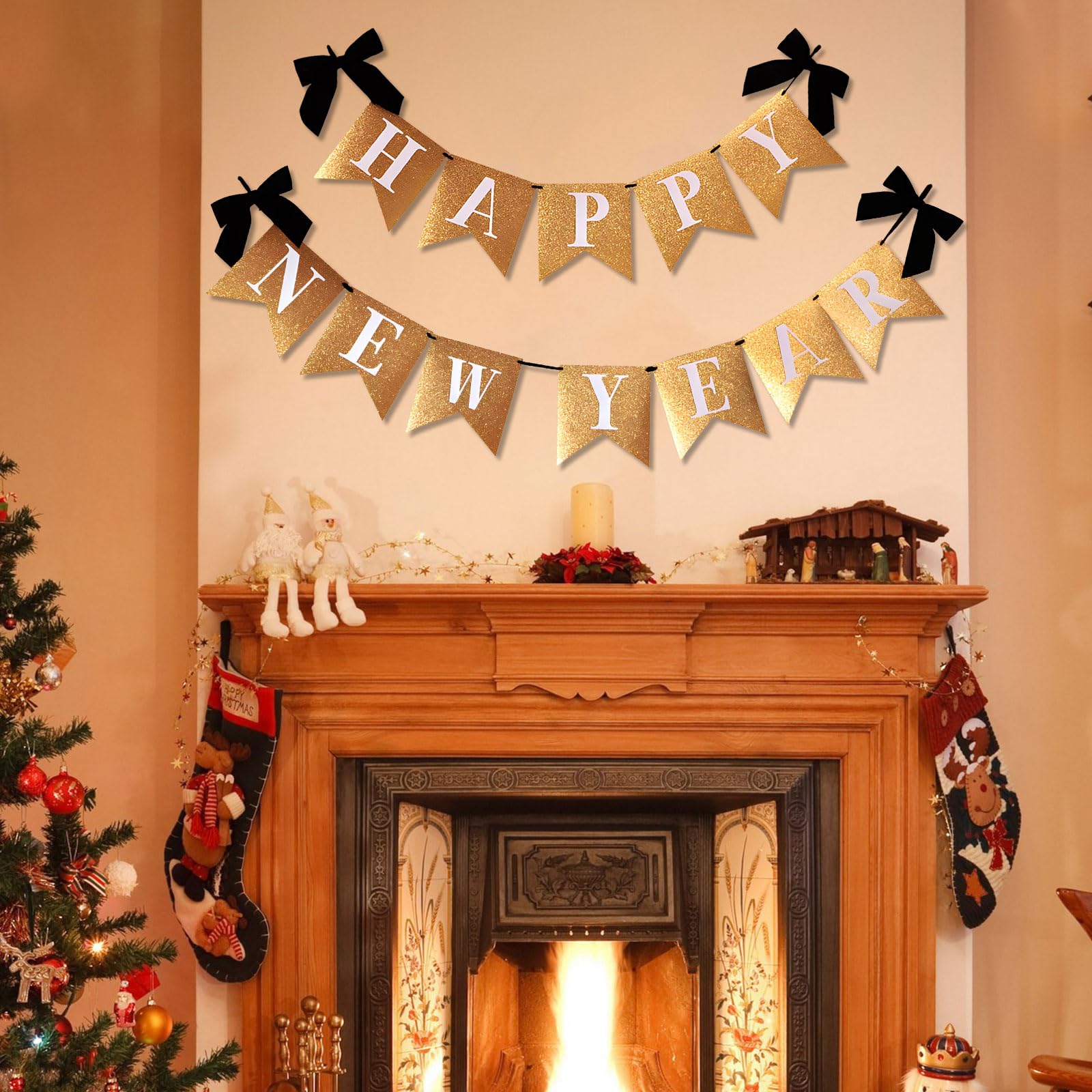Happy New Year 2026 Banner, New Years Eve Decorations 2026, Black Gold Glitter Banner with Black Bow - Image 4