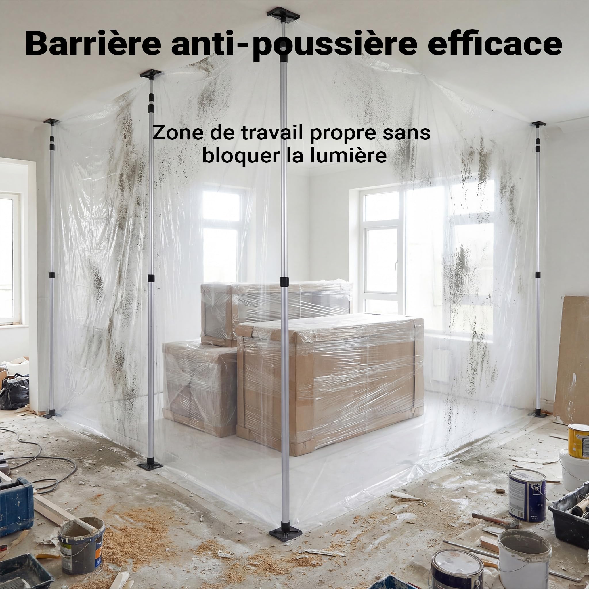 XPOtool Kit Bache de Protection Anti-poussière 4x10m Perche télescopique réglable en Hauteur 1,5-3,9m Chantier Kit Rénovation Fermeture Éclair Paroi de séparation Meubles