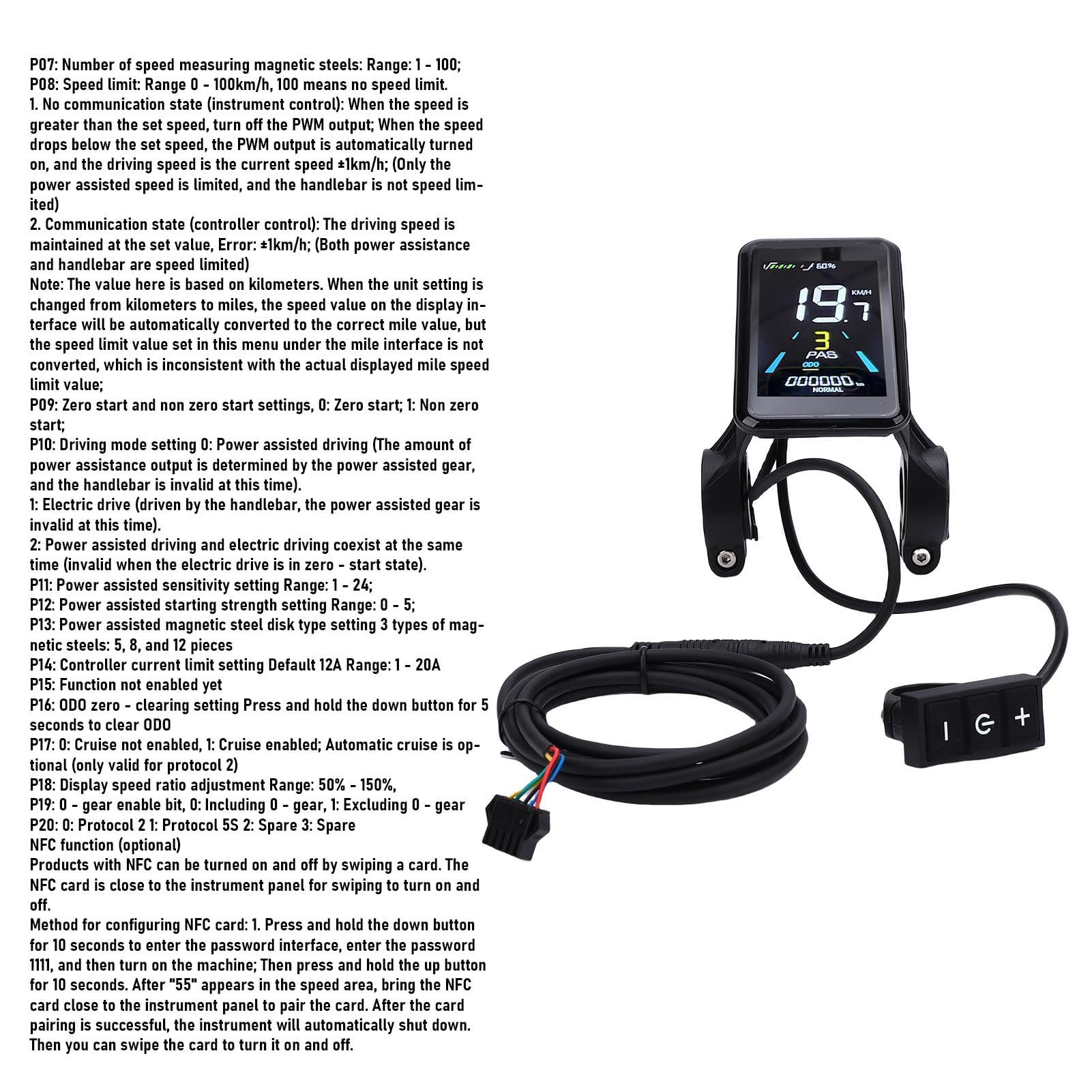 Jenngaoo Panel LCD para Bicicleta Eléctrica y Scooter, Pantalla a Color con Cable de Extensión 5 Núcleos, Monitor de Velocidad y Kilometraje, Compatible con 24V 36V 48V, Material A