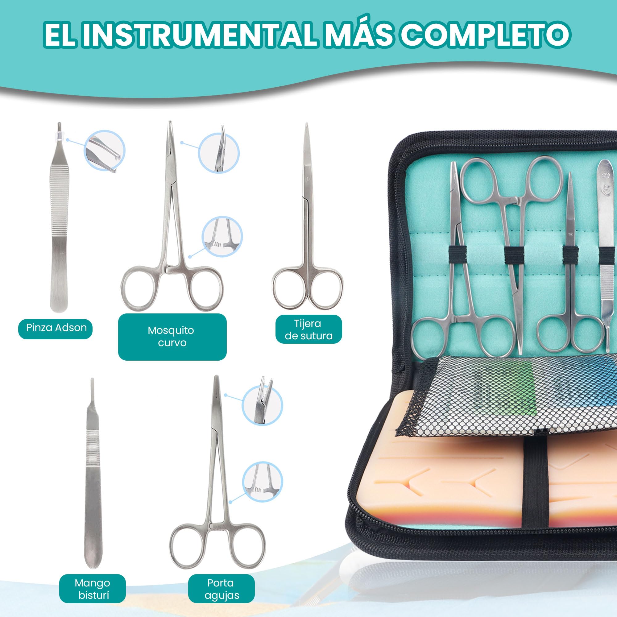 Kit de sutura con almohadilla realista | Kit suturas quirurgicas completo, kit sutura enfermeria, kit de sutura quirurgica para practicar, kit suturas para estudiantes, suturas quirúrgicas