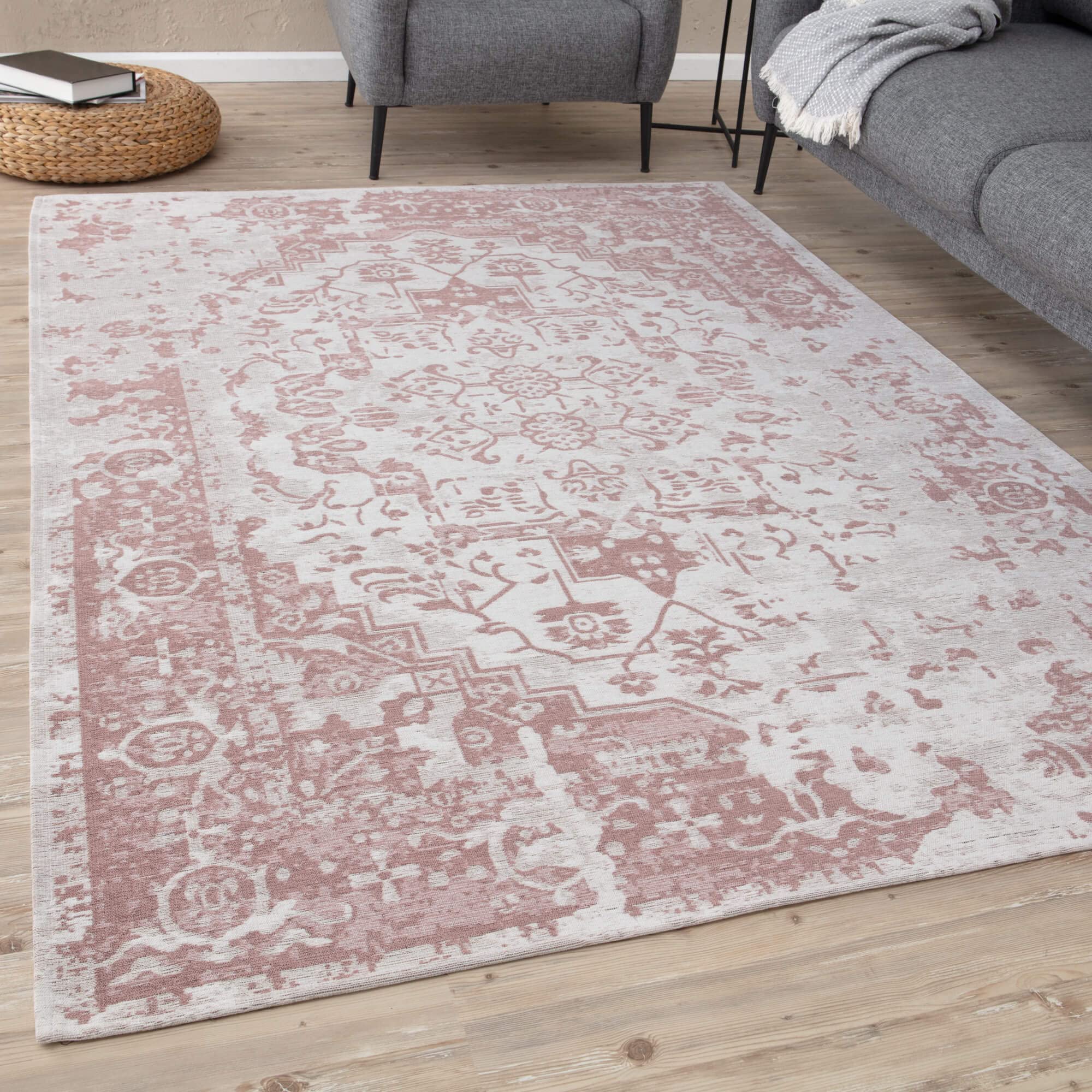 The Rugs Pink Washable Rugs For Living Room Kitchen Bedroom Vintage Design Machine Washable Area Rugs & Runners 6962 | Size: 80Cm X 300Cm