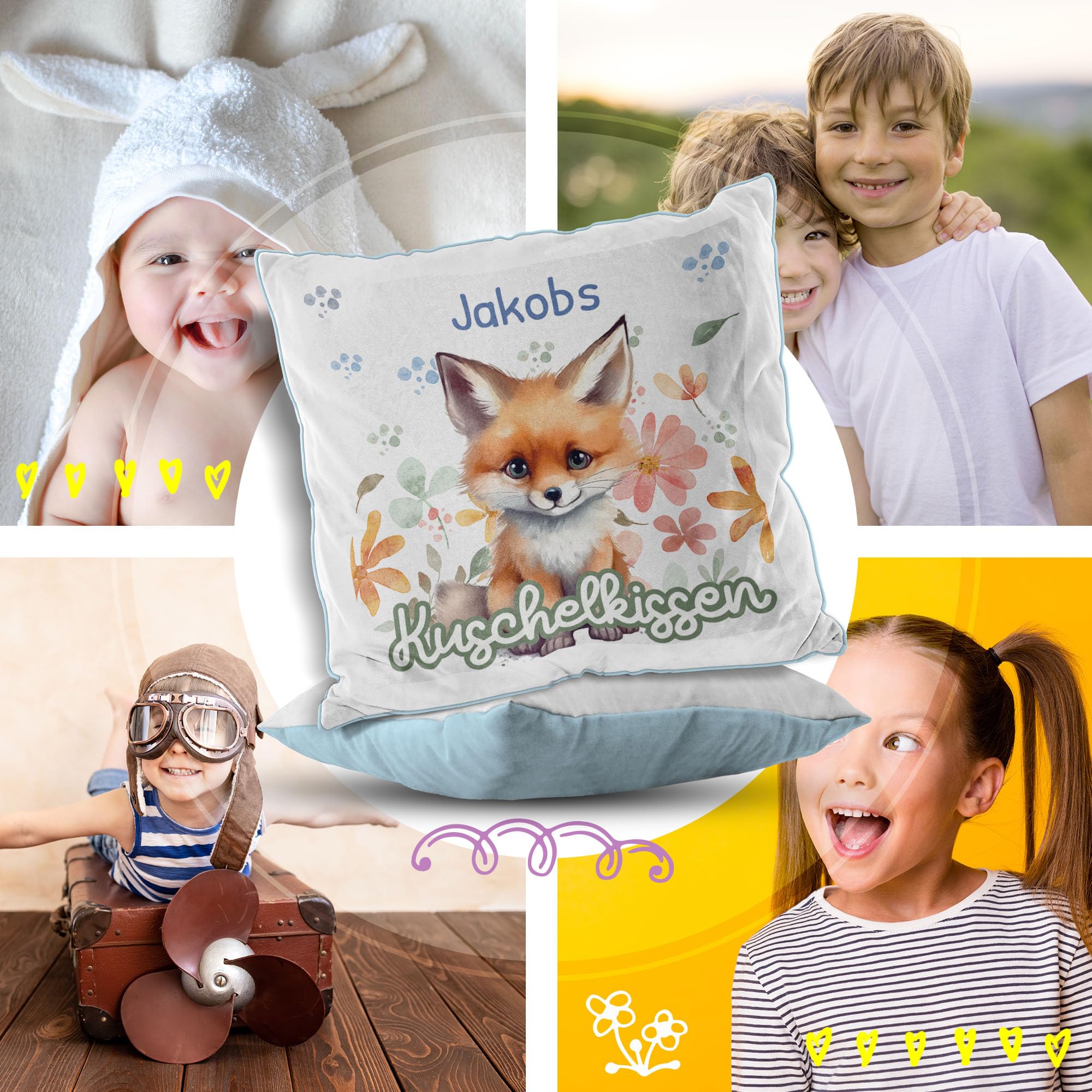 Print Royal PR Flauschiges Kuschel-Kissen für Kinder mit Füllung mit Name selbst gestalten - Fuchs Kissen für Mädchen und Jungs, Kinderkissen mit Name | 40 x 40 cm, Rückseite Hellblau Flauschig
