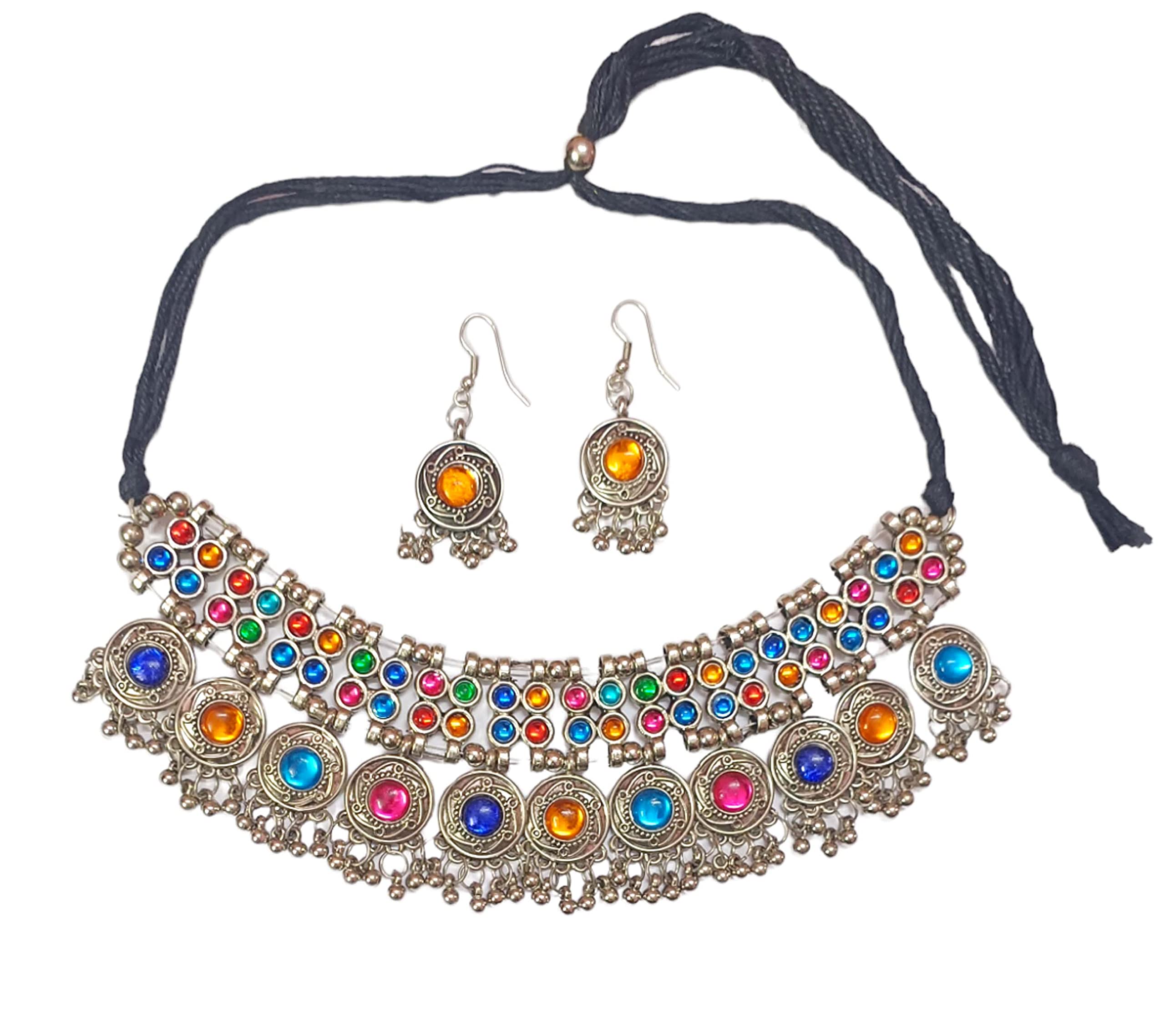 Paninaro Afghani Stylish Boho Stone Work Silver Oxidised Choker Necklace Set Jewellery For Women & Girls (B0BSV734PB) Amazon Price History, Amazon Price Tracker