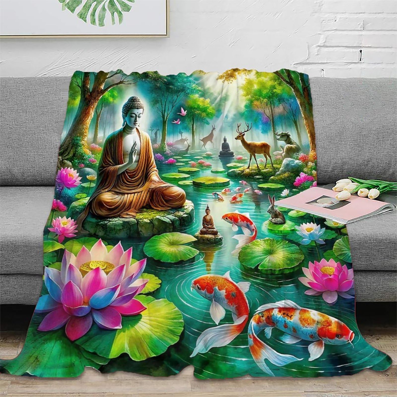 Couverture Bouddha imprimée 3D en microfibre chaude pour lit et canapé 127x152 cm