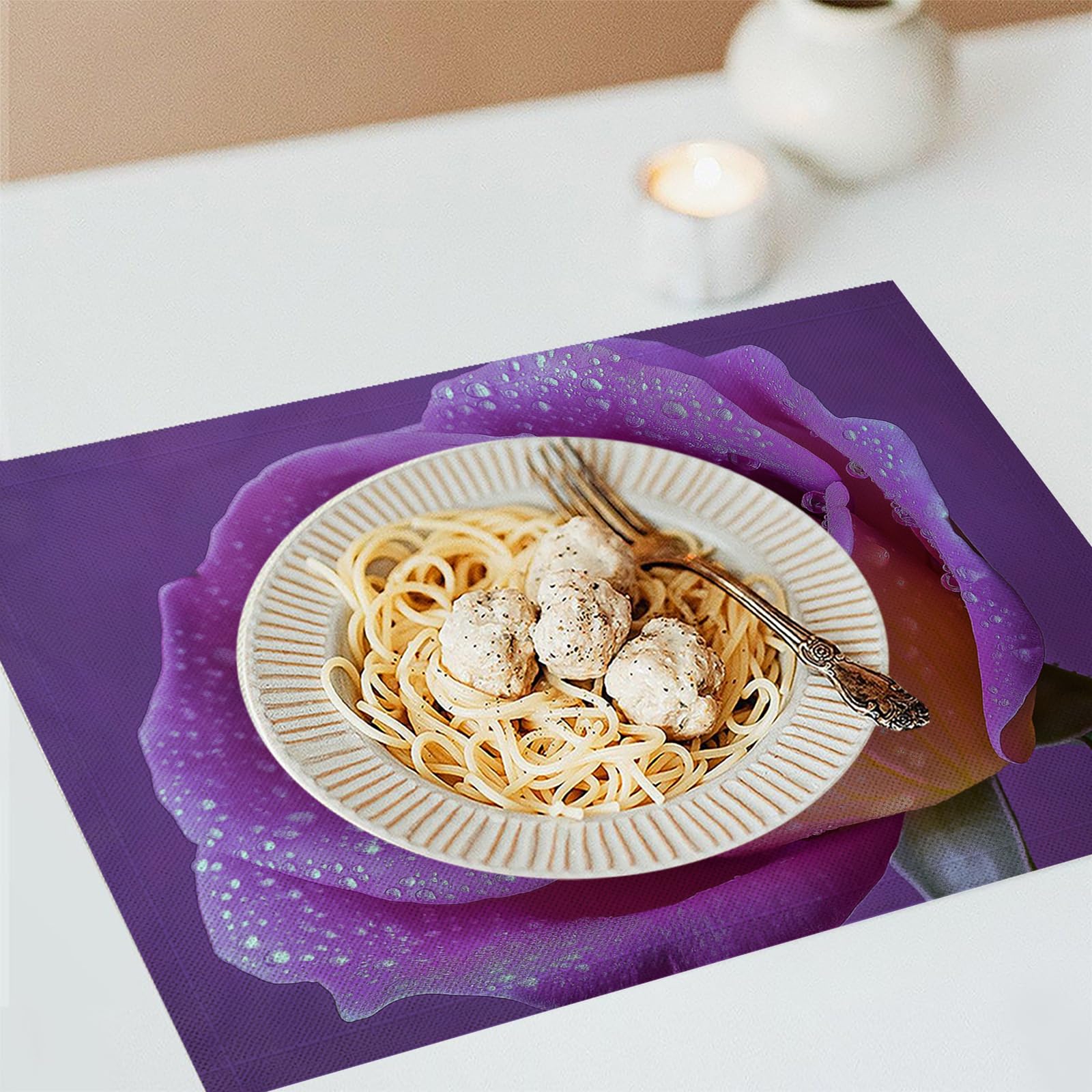 Set di 8 Tovagliette Americane Lavabili Cotone Lino Fiori glamour - Tovaglietta Americana Resistenti al Calore Durevole Rosa viola - per Colazione Pranzo 30×45 cm