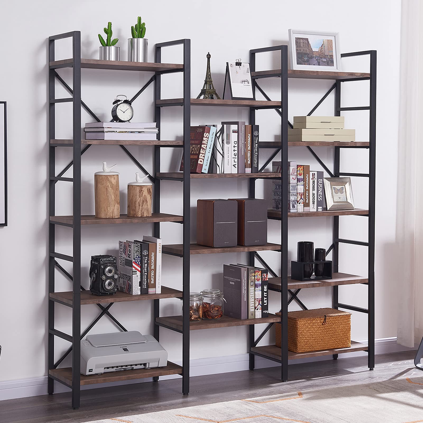 SUPERJARE 5 Tier Industrial Bookshelf Vintage Brown Open Shelf Heavy
