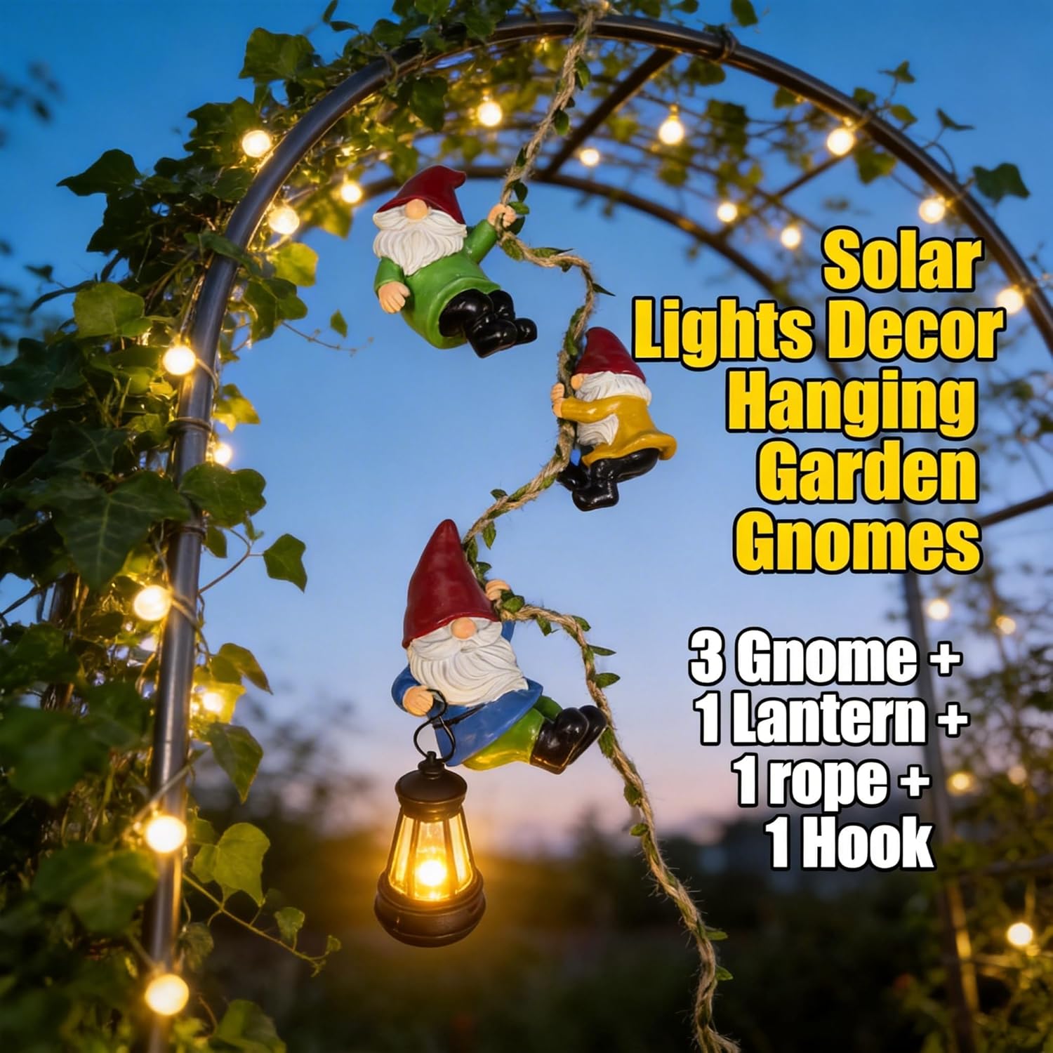 Garden Gnomes Hanging Solar Lights, 3-Pack Climbing Rope Gnome Statues with LED Lantern, Outdoor Decor for Yard Patio Door Tree Fence Wall, Housewarming Gifts for Women Mom Grandma