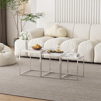 Rainbow Tree Set of 3 Nesting Coffee Tables for Living Room, White Marble Nest of 3 Nested Tables Sofa Side Table Coffee Table End Tables Space Saving