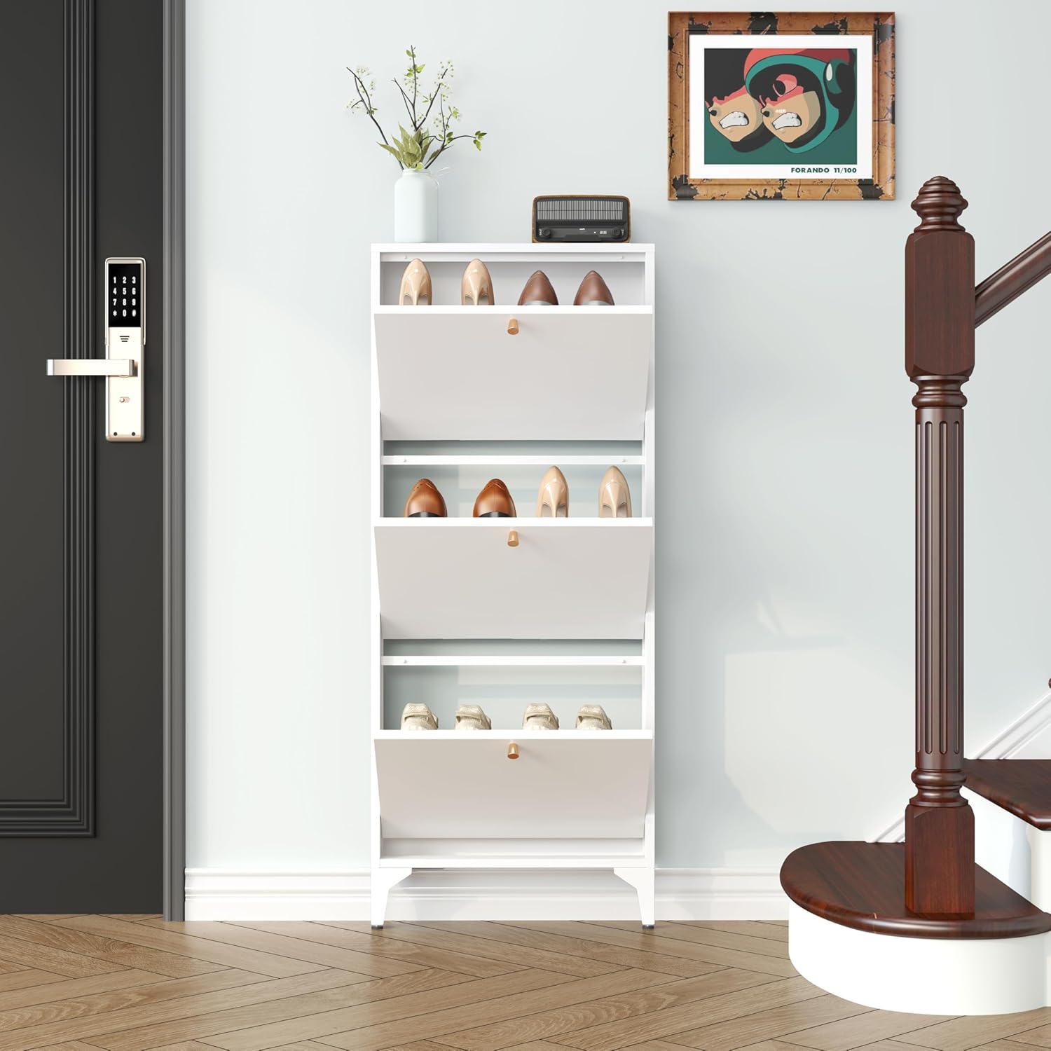 Shoe Cabinet with 3 Flip Drawers, Narrow Slim Hidden Shoe Storage Organizer Cabinet, 20'' Wide Shoes Rack Organizer Cabinet for Entryway, Hallway, Front Door, White