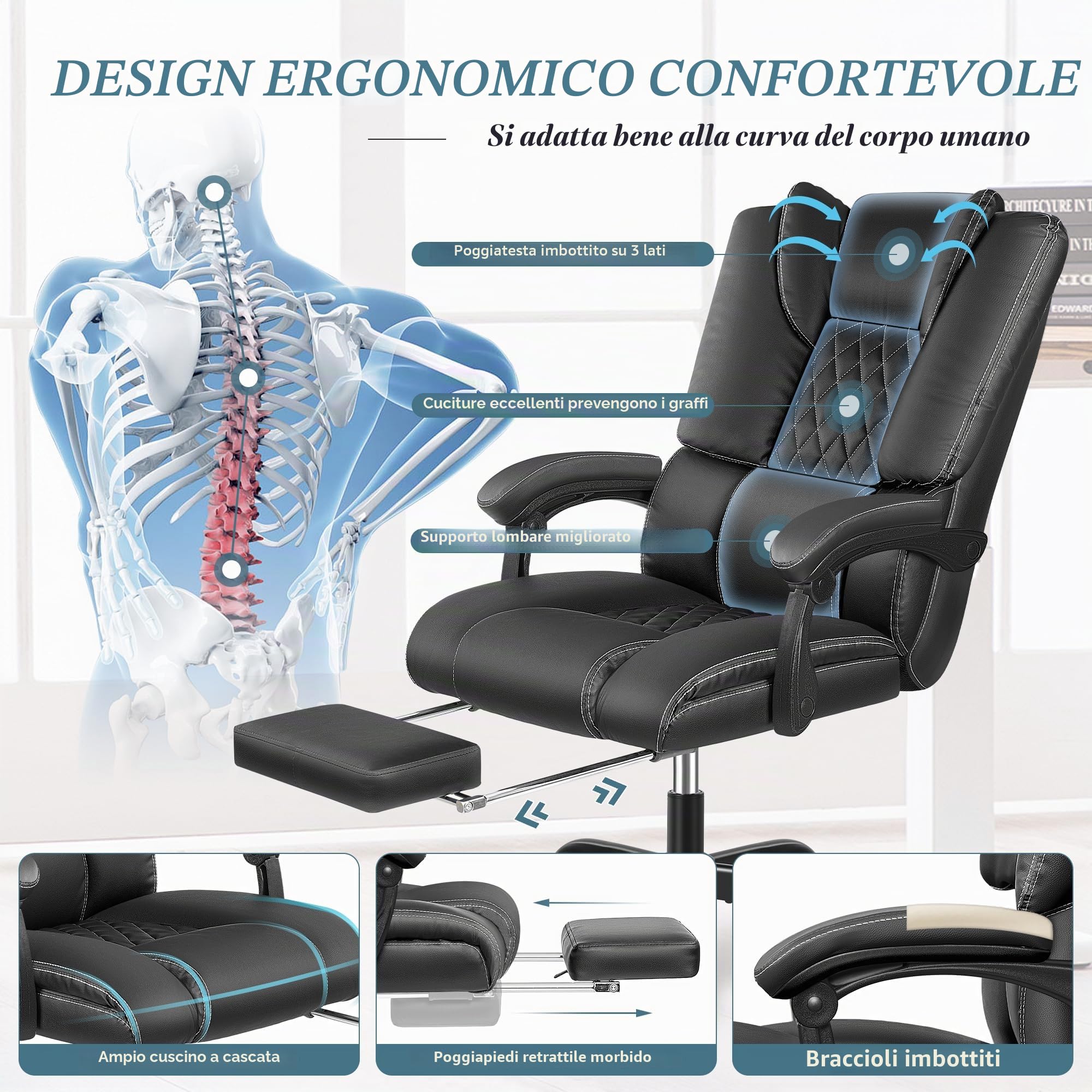 Sedia ergonomica da ufficio, in pelle, braccioli accoppiati, Loveseat con poggiapiedi, supporto lombare, regolabile in altezza, poltrona reclinabile (nero