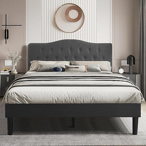Miniatura 159 de VECELO Base de cama de tamaño matrimonial con cabecera ajustable copetuda, base de colchón, soporte de listones de madera, fácil montaje, color gris