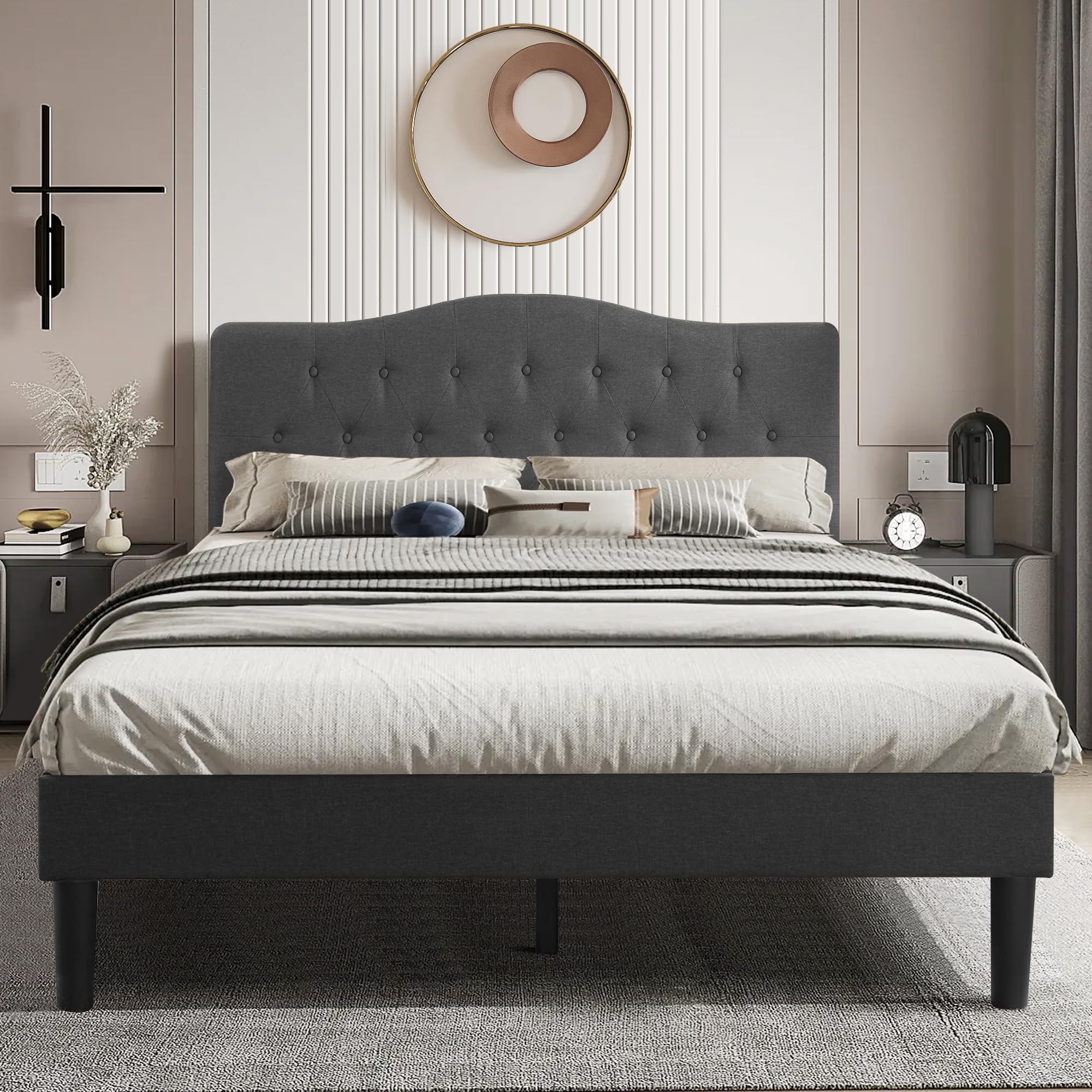 VECELO Queen Size Bed Frame Upholstered Platform with Tufted Adjustable Headboard/Mattress Foundation with Wood Slat Support, Easy Assembly, Grey