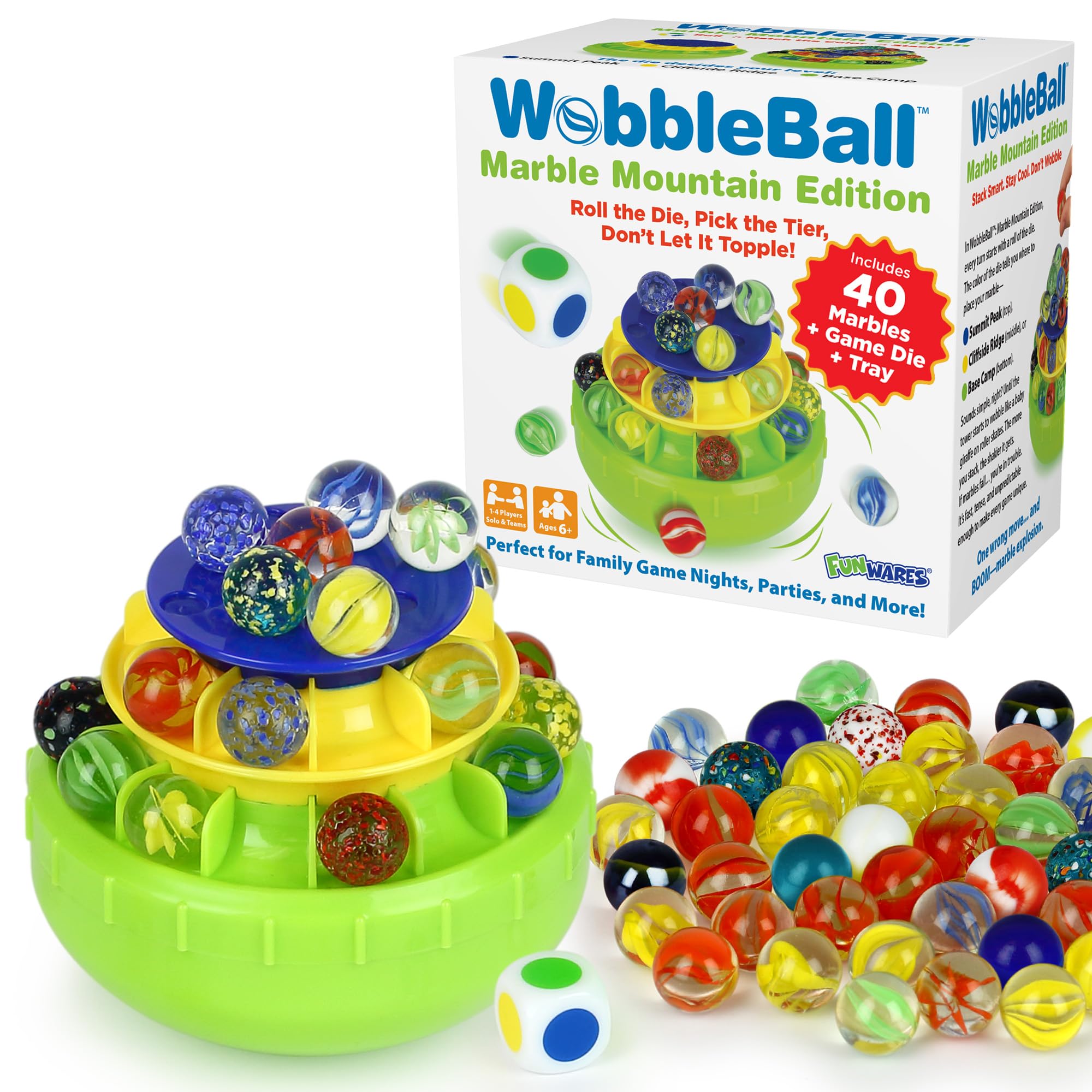 Funwares WobbleBall 3-Tier Marble Balance Game, 40 Marbles Included, Skill & Dexterity Games for Kids & Adults, Family Party Game for 1-4 Players,