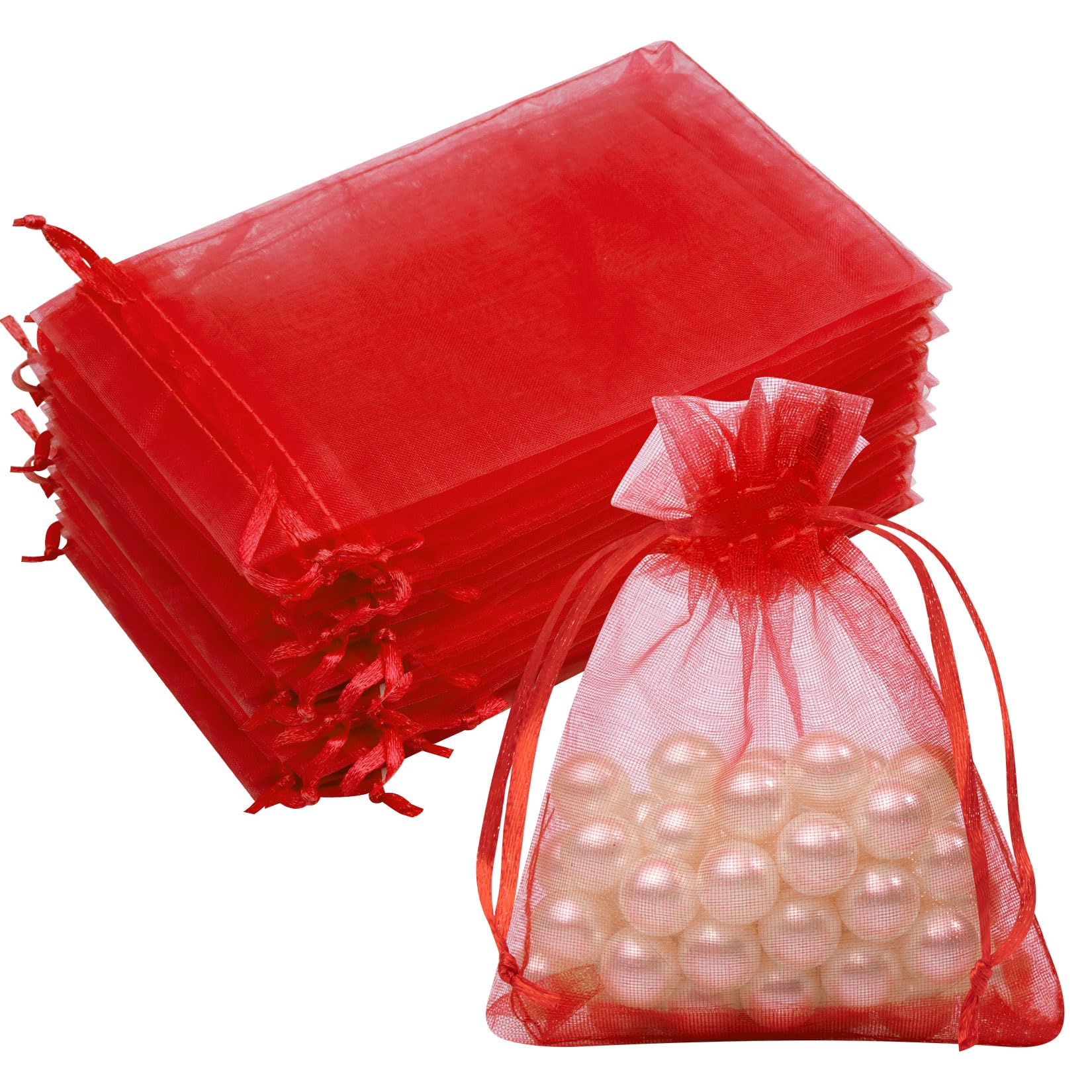 50PCS Red Organza Bags 3x4, Small Gift Bags for Women Jewelry Candy Soap Goodie, Cute Mesh Drawstring Pouches Mini Gift Wrap Bag for Wedding Birthday Party Favors Halloween Christmas Wrapping
