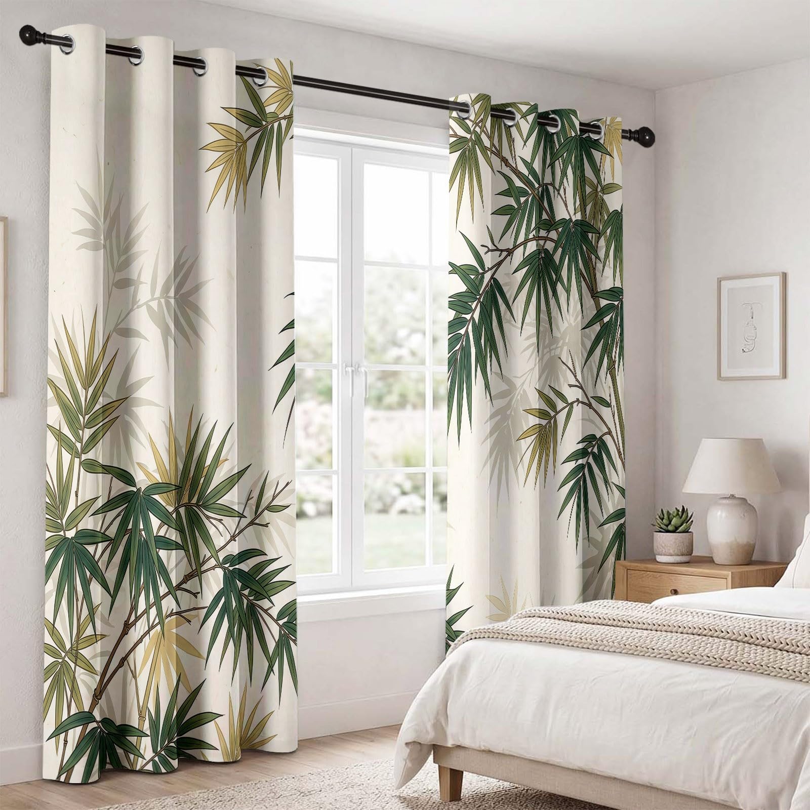 Rideaux Occultants Imprimés Motif Feuille De Bambou Chinois, Rideaux de Chambre à Plantes Et Fleurs, Style Œillets, Adaptés Aux Chambres et Bureau À Domicile, 75L X 166H cm (2 Panneaux), Vert