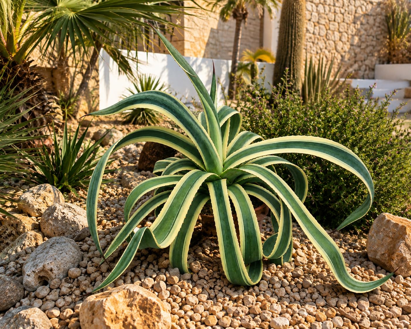 Agave americana Variegata 50–60 cm – Buntblättrige Amerikanische Agave – robuste Sukkulente, dekorative Kübelpflanze für Garten, Terrasse, Balkon & Wintergarten