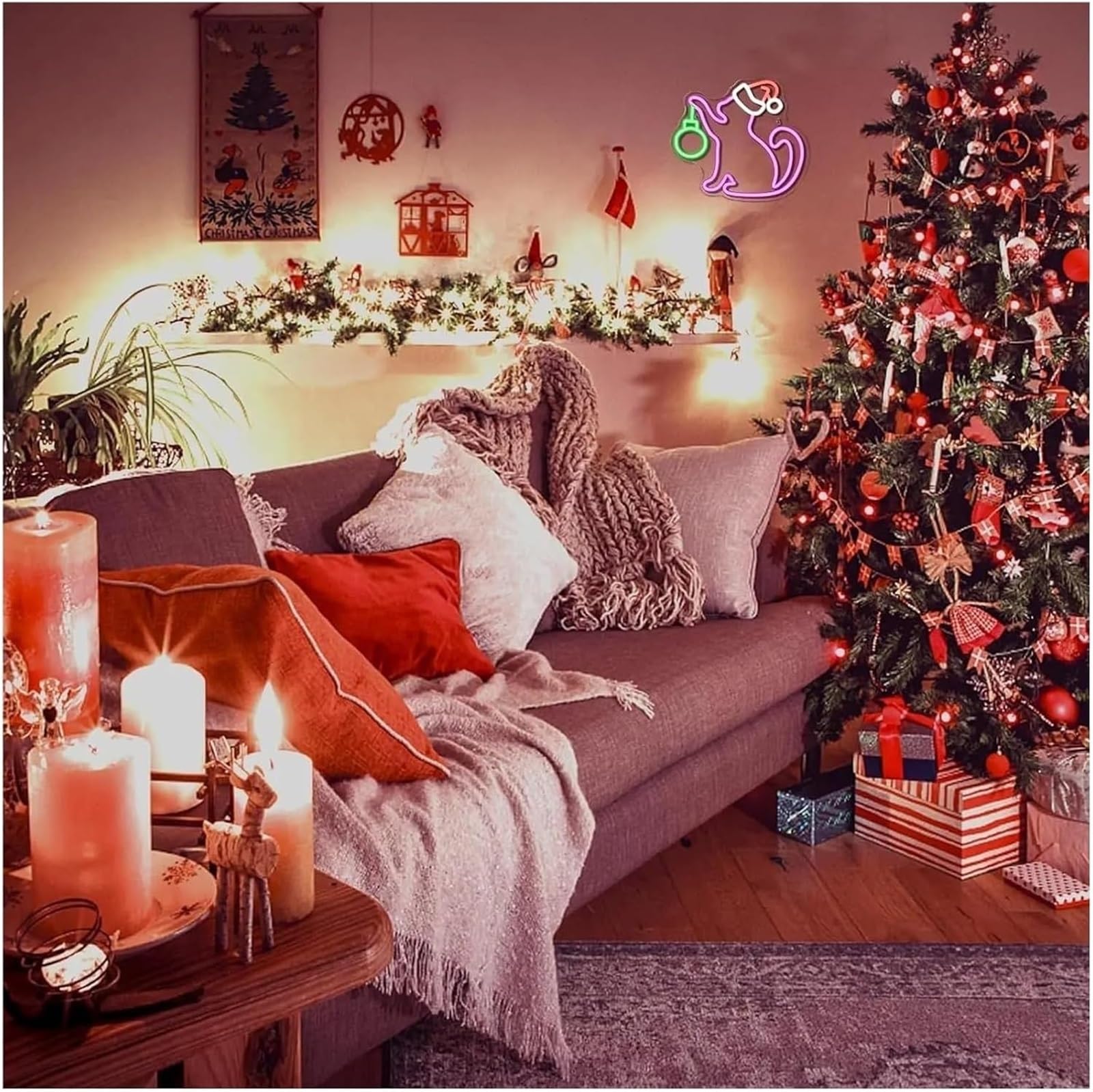 Letrero de neón Lámpara de neón con forma gato para gorro Papá Noel letrero luces LED regulables bonita decoración pared para habitación