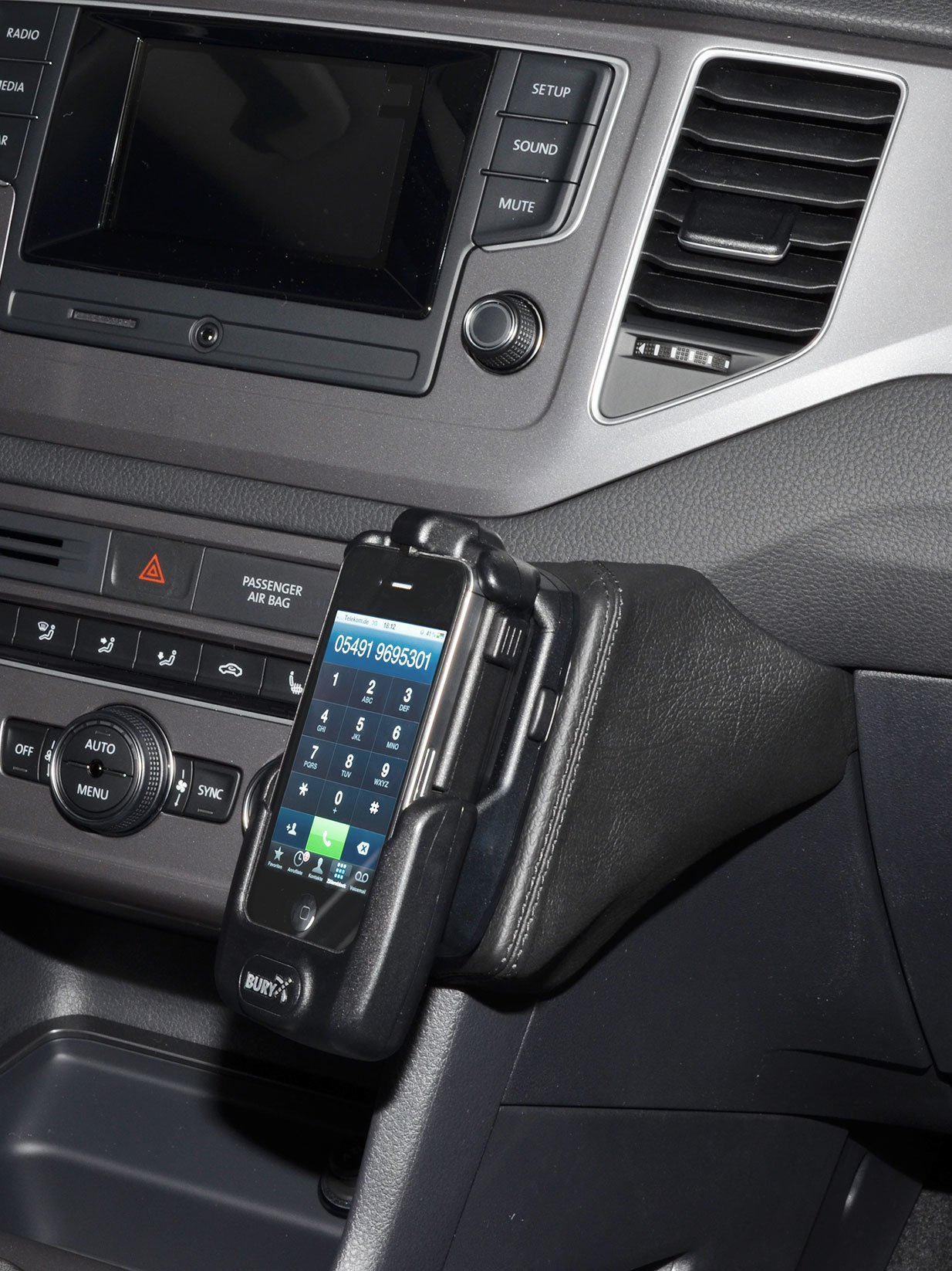 KUDA Handyhalterung passend für VW Golf Sportsvan ab 02/2014 - Telefonkonsole für Smartphones, Handys, Navi und mehr – Kunstlederkonsole, schwarz, 1525