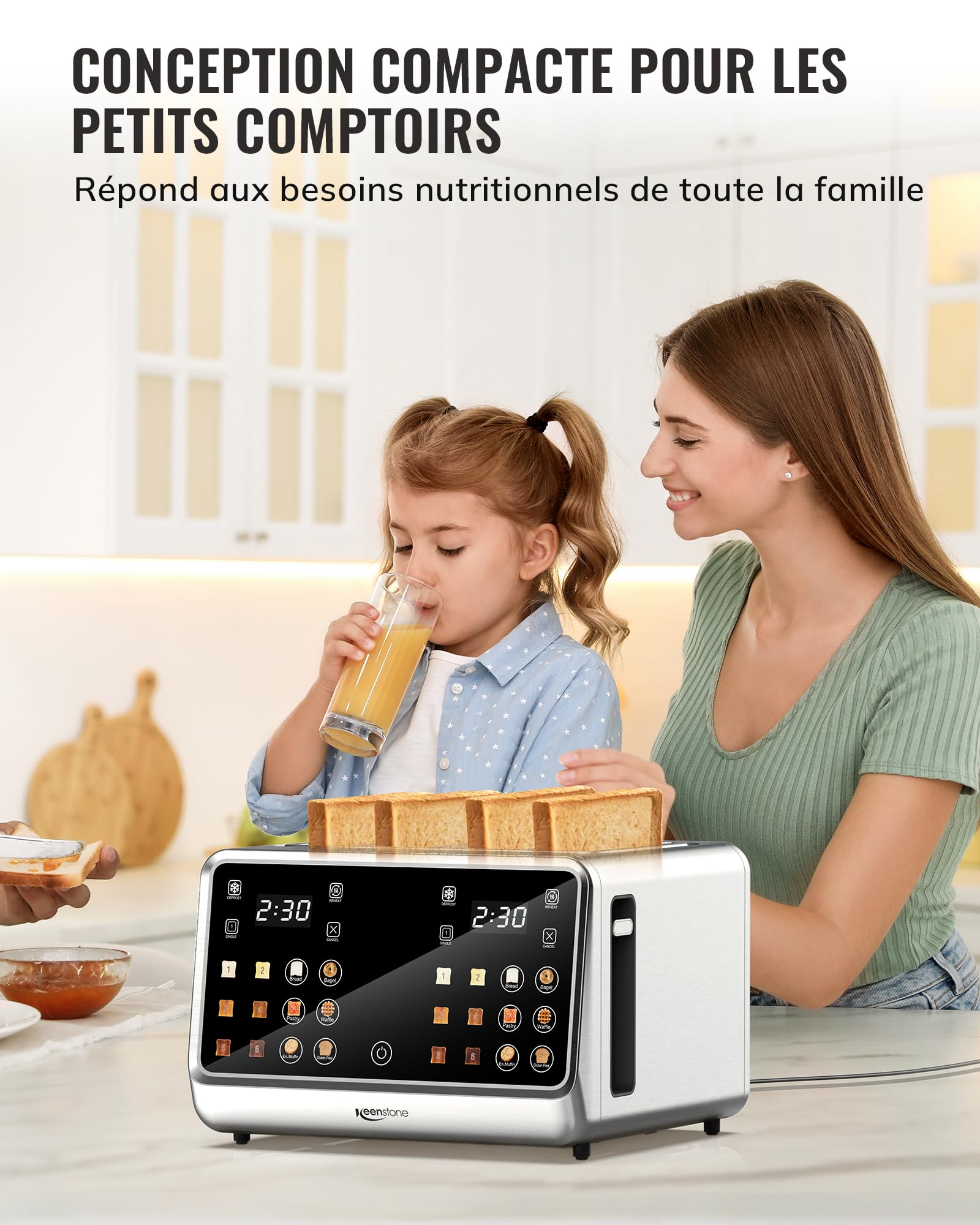 Keenstone Grille-pains Intelligent 4 fentes - Écran Tactile Incliné 75°, Contrôle Dual Indépendant, Fonction de Grillage Unique, Réchauffement & Dégivrage, 6 Réglages de Dorage Auto