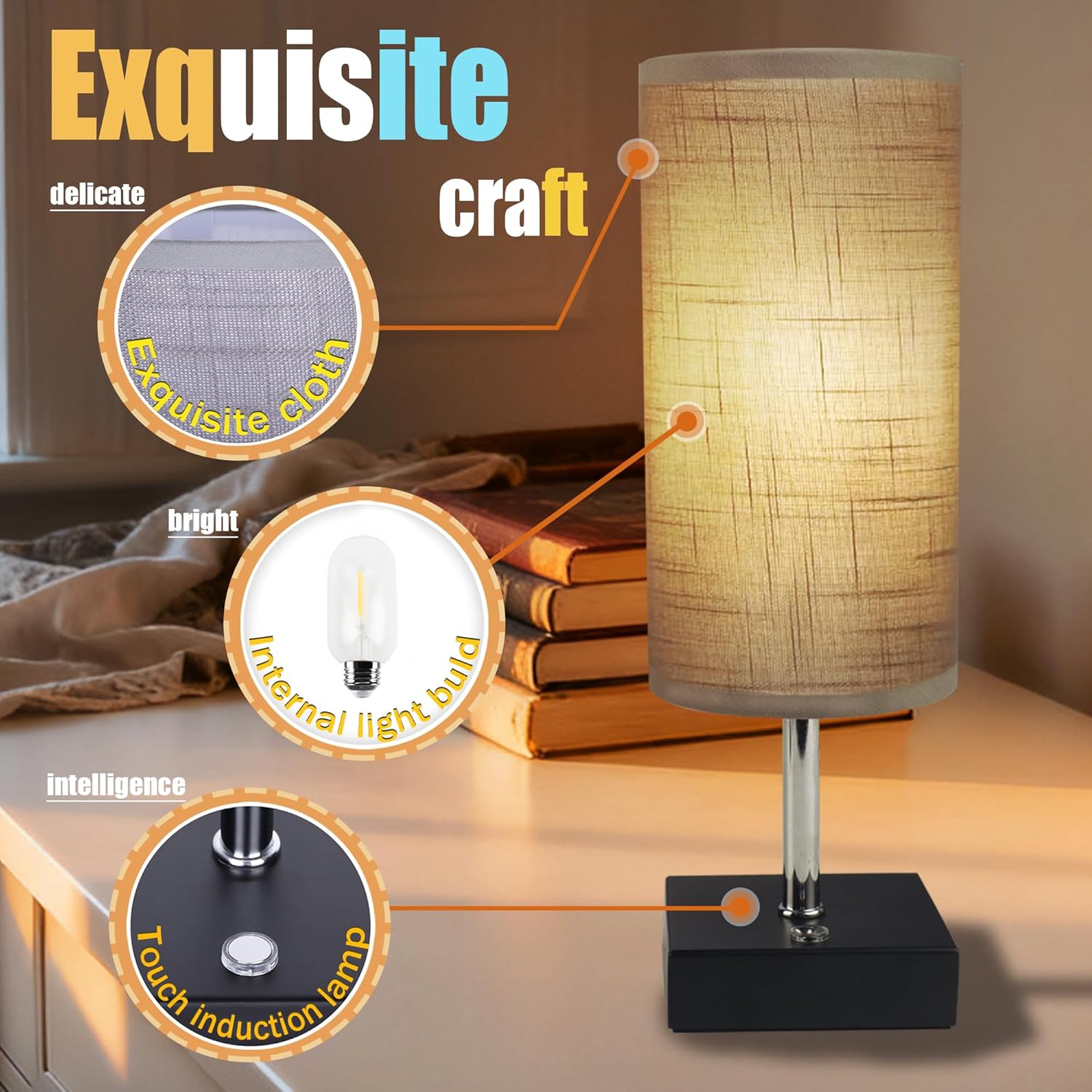 12 Inch Cordless Table Lamp (Gray)-Touch Dimmable, Rechargeable, 8 Inch Fabric Shade, Ideal for Bedroom & Living Room