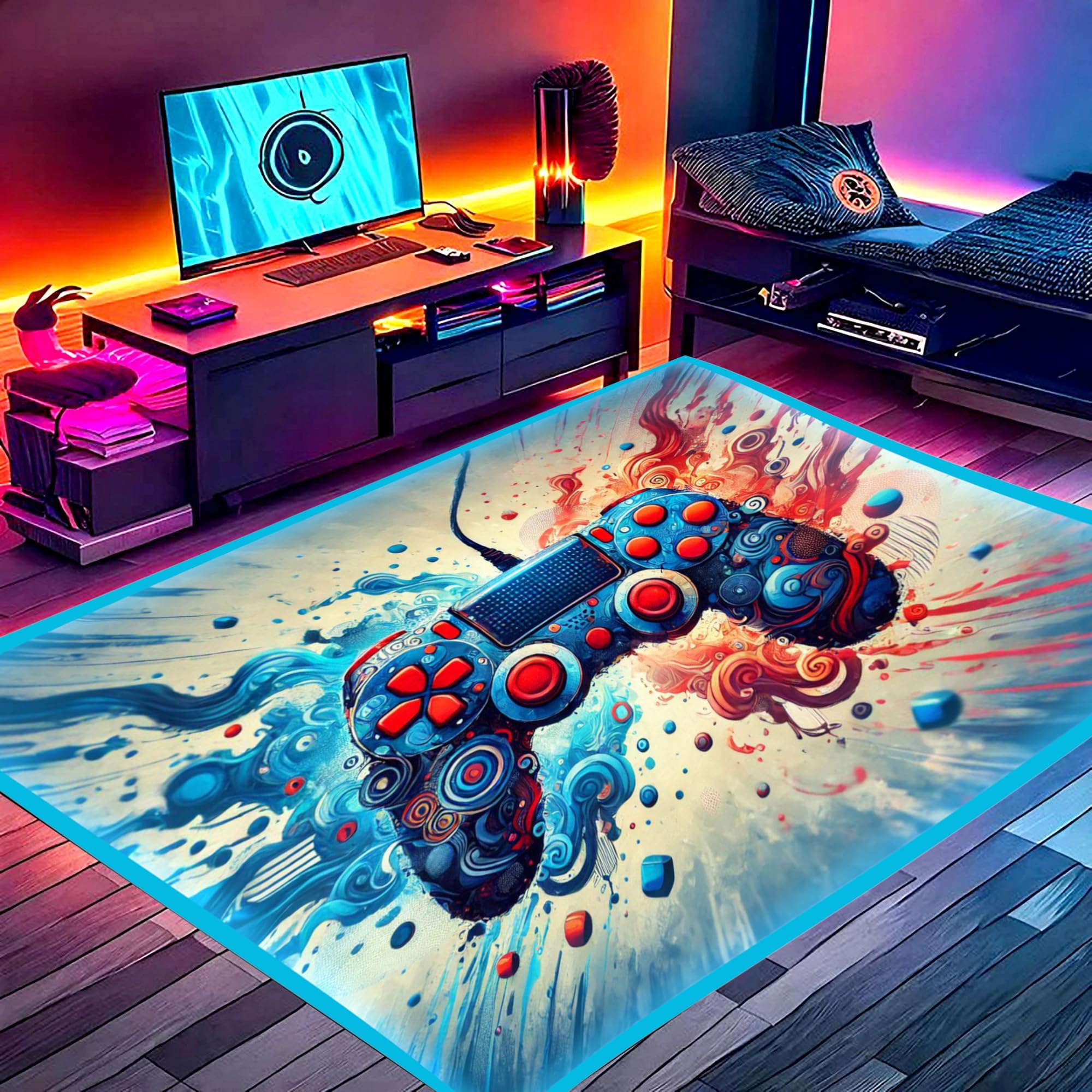 DEALZOOM Gaming Rug RGB LED Light (3x5 Waveburst Controller) - Bedroom Gamer Rug Floor Mat Gaming Decor - Kids Room Rug Anti Slip Mat for Gamer Chair