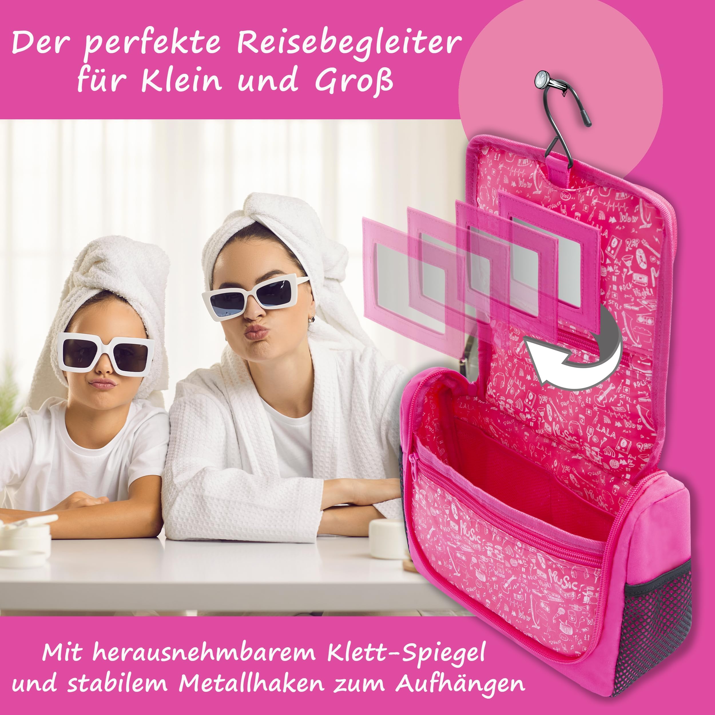 GRINSEZWERGE Kulturtasche für Kinder und Erwachsene - 12 Motive | Reise Kulturbeutel für Damen und Herren | Kosmetiktasche zum Aufhängen | Waschbeutel Waschtasche Reisetasche für Jungen und Mädchen