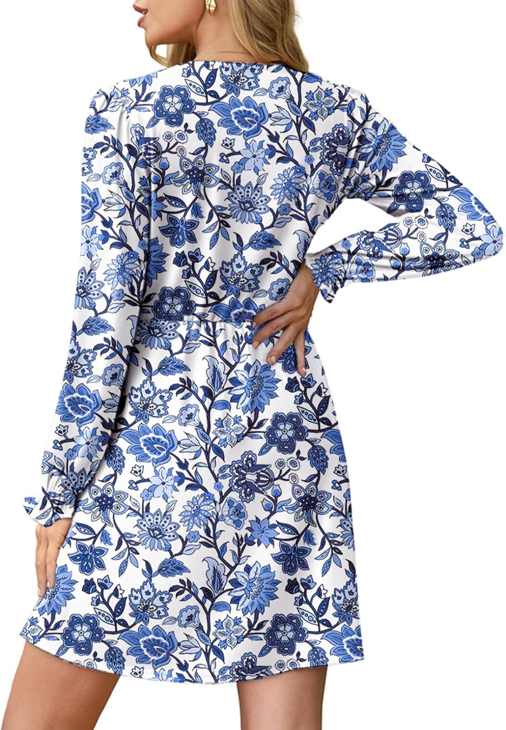 Dokotoo Fall Dresses for Women 2025 Casual V Neck Lantern Long Sleeve Floral Shirred High Waist A-Line Boho Dress - Image 2