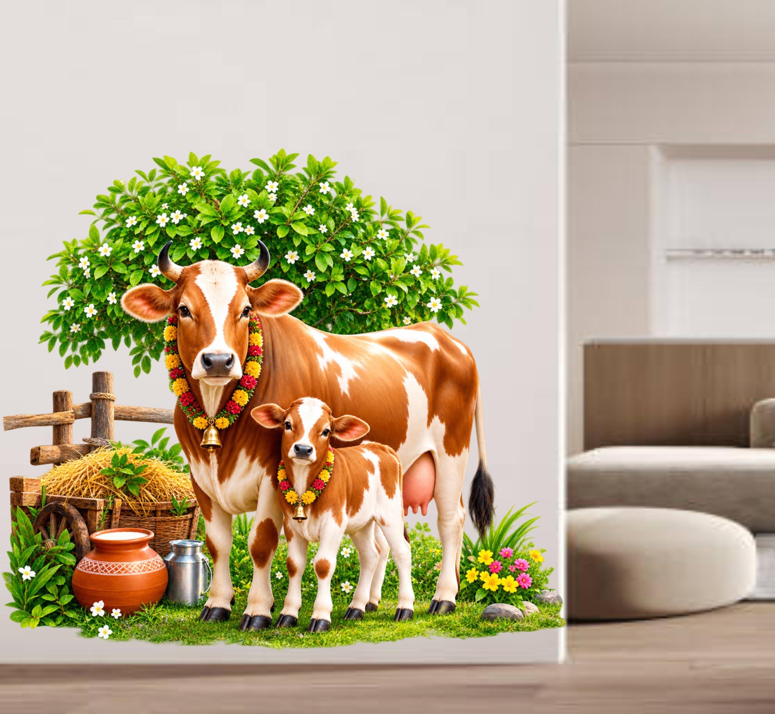 瓦 ストリートスタイル 英字新聞 インテリア ガーデニング 牛/COW Cow and Calf Wall Sticker for Home Decor | Traditional Indian Cow