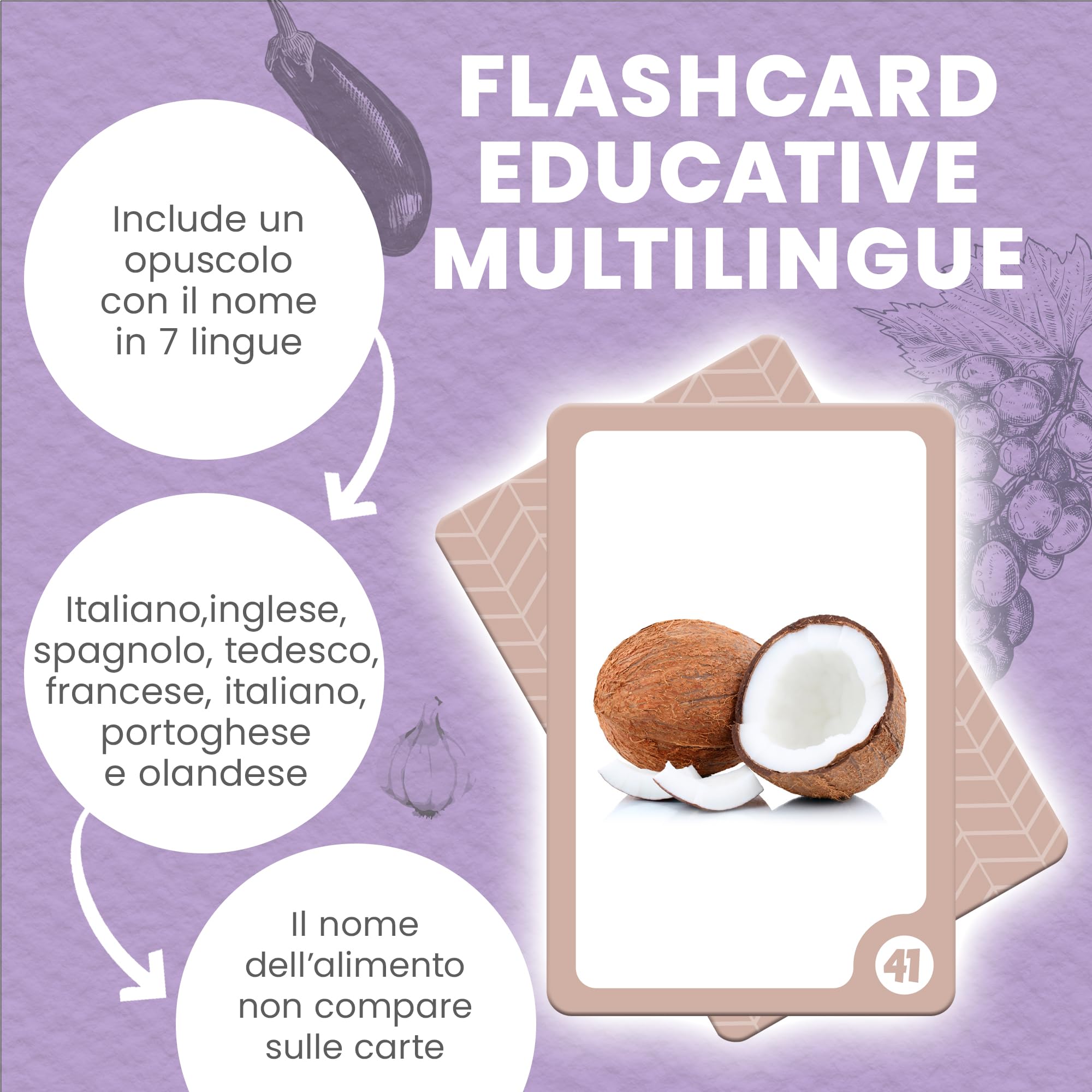 Carte prime parole Cibo - 50 Flash Cards Montessori sui Cibi Sani per la Stimolazione Precoce del linguaggio nei bambini. Carte linguaggio in 7 Lingue. Metodi Montessori e Doman