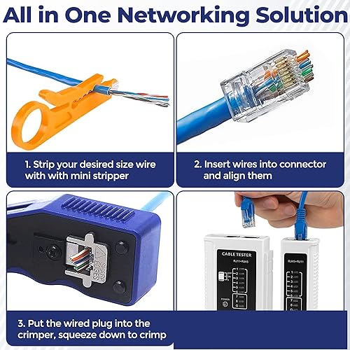 Miniatura 6 de Kit de herramientas de crimpado de paso RJ45 para terminación Cat5, Cat6, incluyendo probador de cable Ethernet (batería de 9 V no incluida) más 20