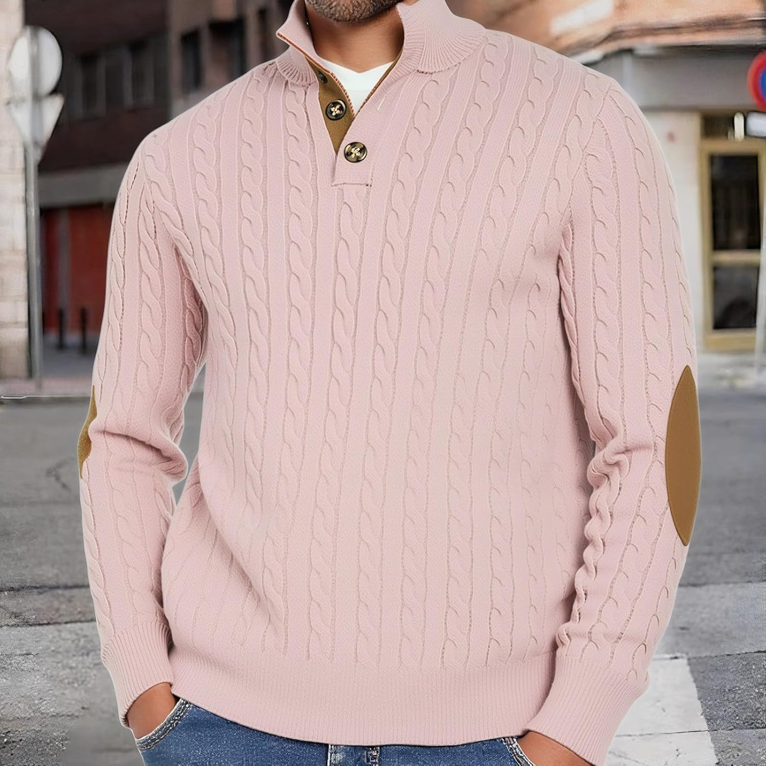 Mens Quarter Button Pullover Sweater Lightweight Mock Neck Henley Sweater Fashion Casual Knitted Waffle Sweater