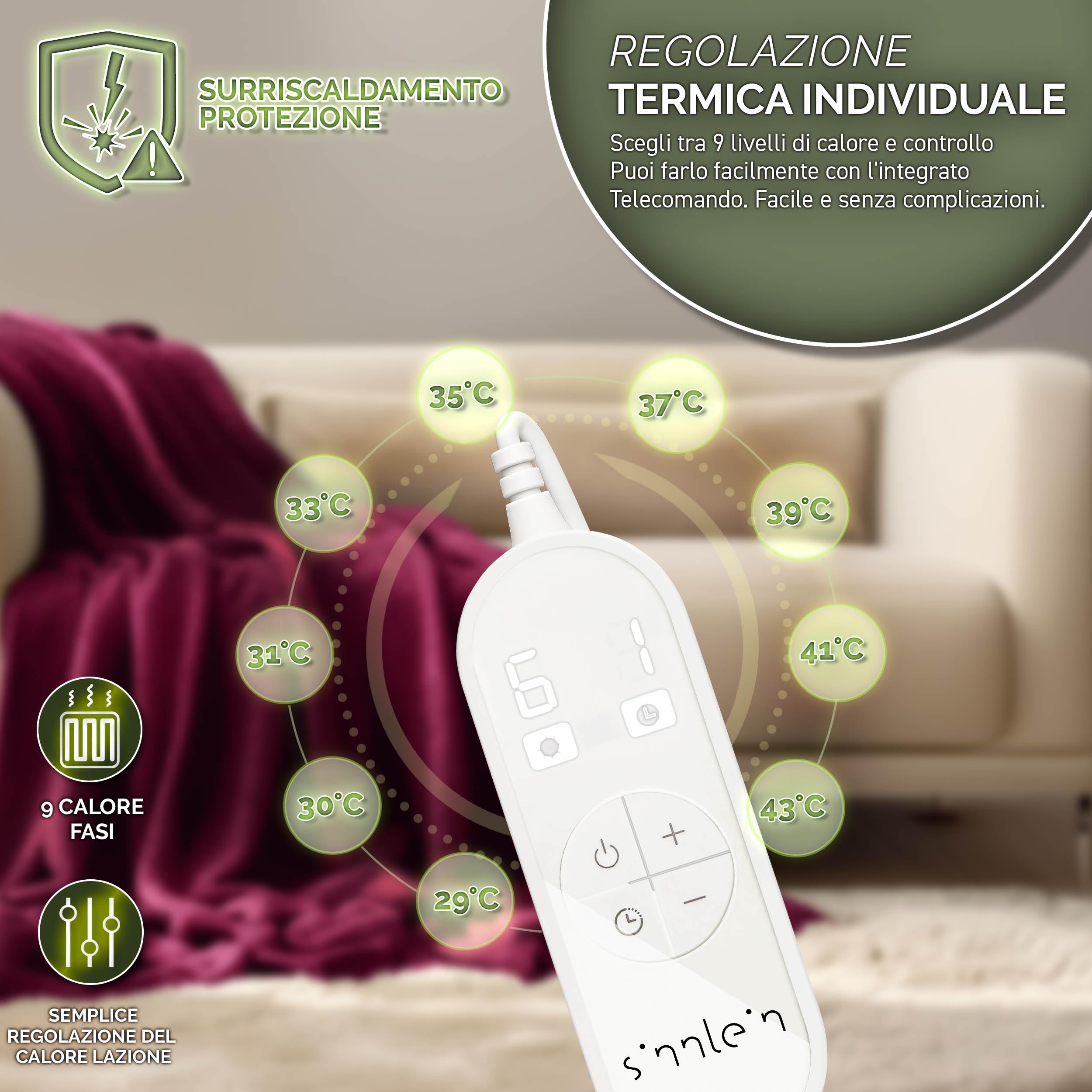 sinnlein® Sottocoperta Elettrica 180x130cm | Scaldaletto Elettrico con Spegnimento Automatico | Coprimaterasso Termico | Timer | 9 Livelli di Temperatura