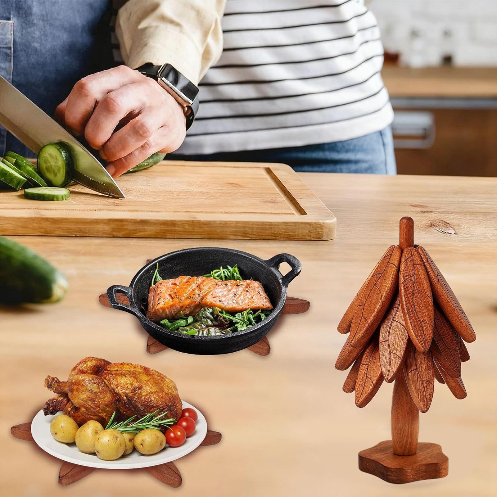 Árbol Salvamanteles 4 Posavasos Navideños Antideslizantes Protectores Mesa | Salvamanteles y Posavasos de Madera para Encimera, Mesa Comedor, Platos Calientes, Ollas, Sartenes y Bebidas
